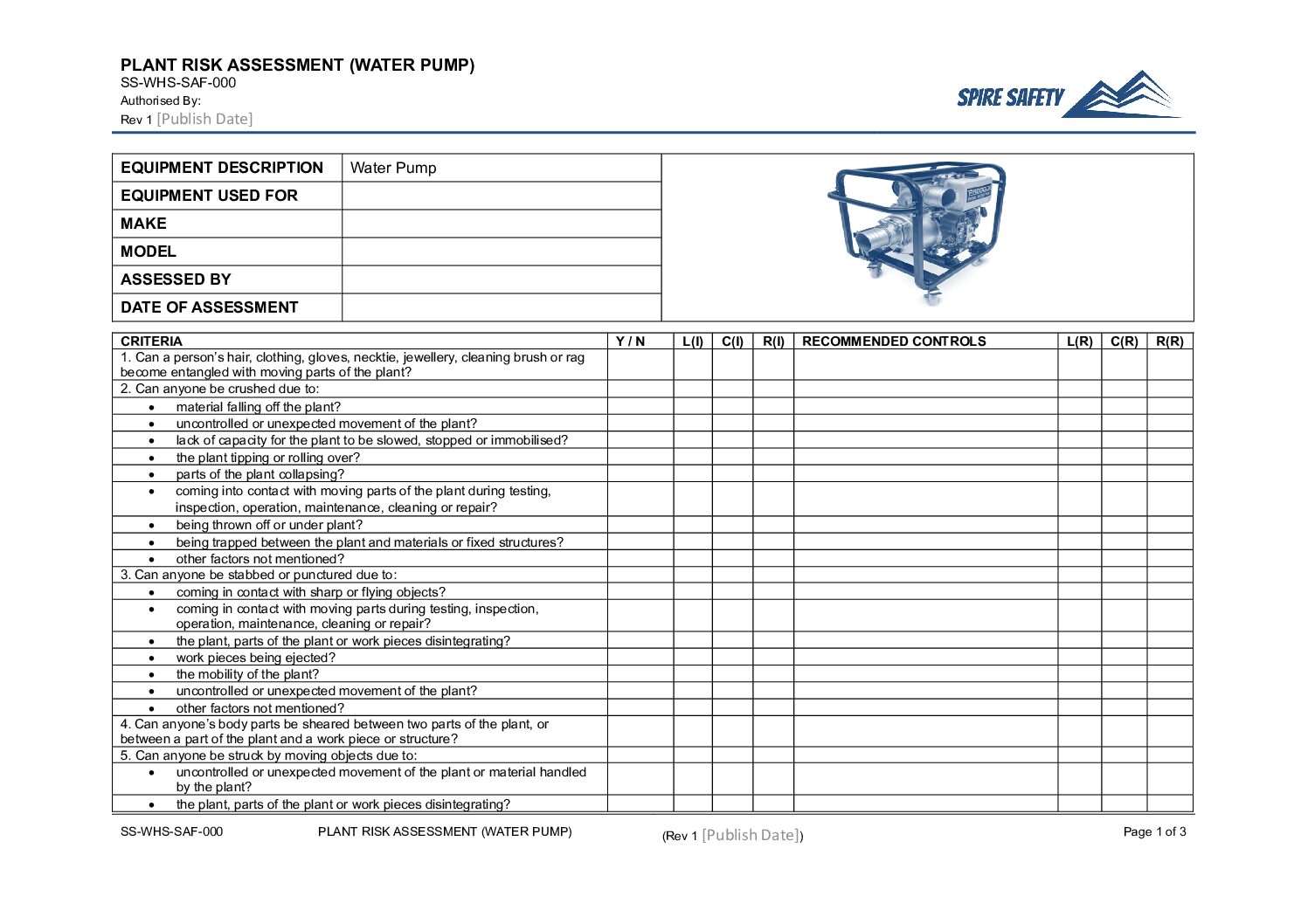 Free Water Pump Risk Assessment Template image