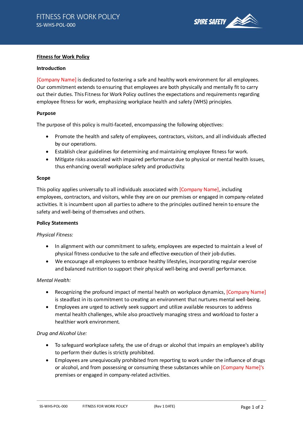 Free Fitness for Work Policy Template image