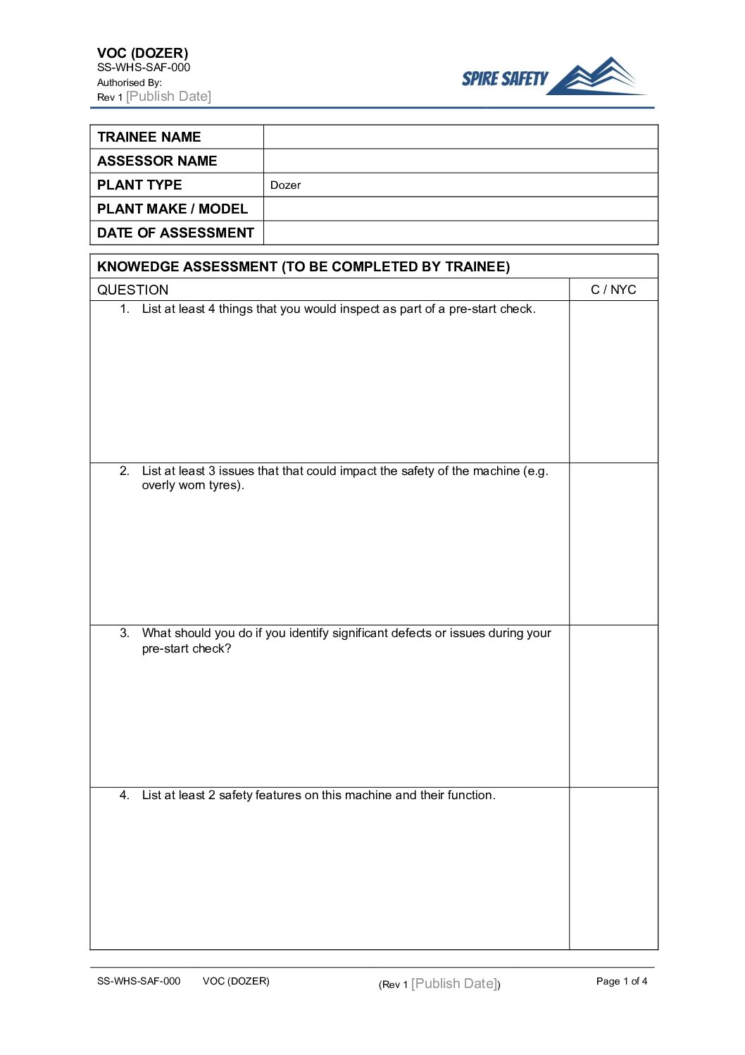 Free Dozer VOC (Verification of Competency) Template image