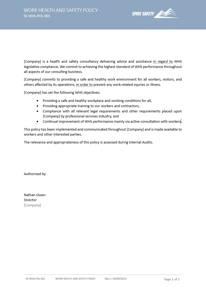 WHS policy and procedure manual on an Australian workplace desk, illustrating documented safety frameworks