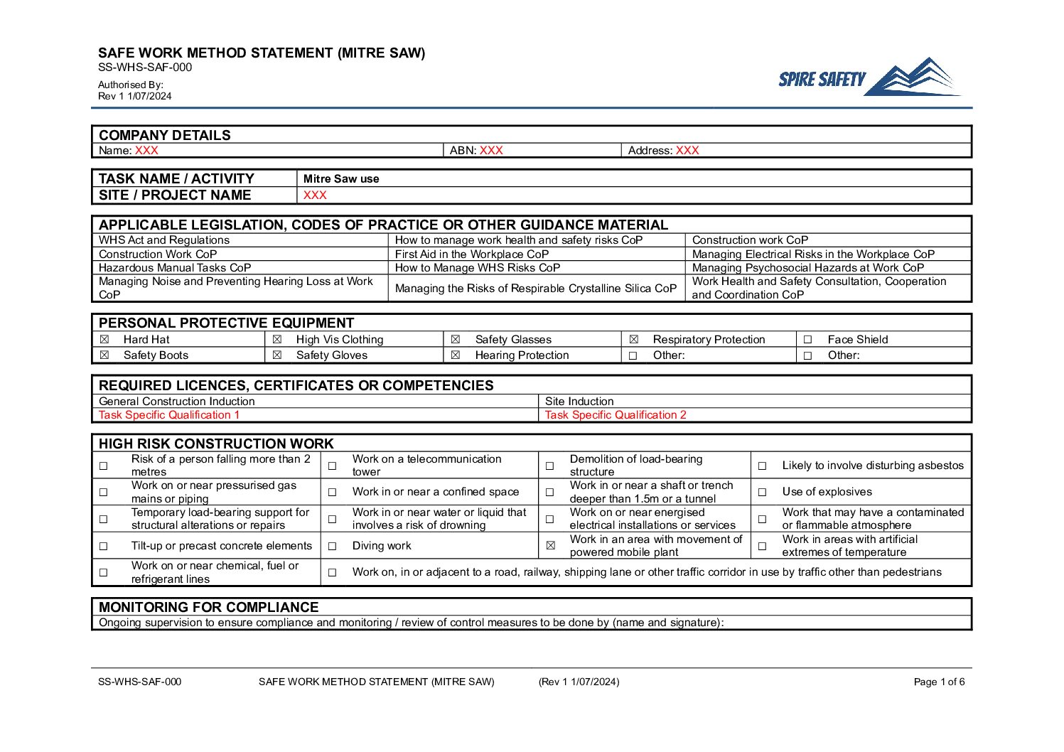 Free Mitre Saw SWMS (Safe Work Method Statement) Template image