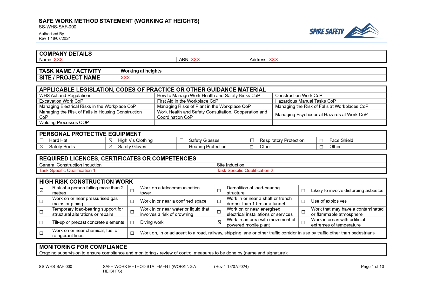 Free Working at Heights SWMS (Safe Work Method Statement) Template image