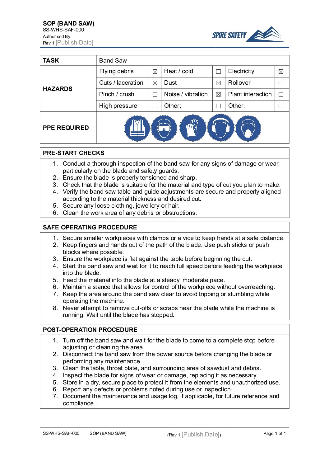 Free Band Saw SOP (Safe Operating Procedure) Template image