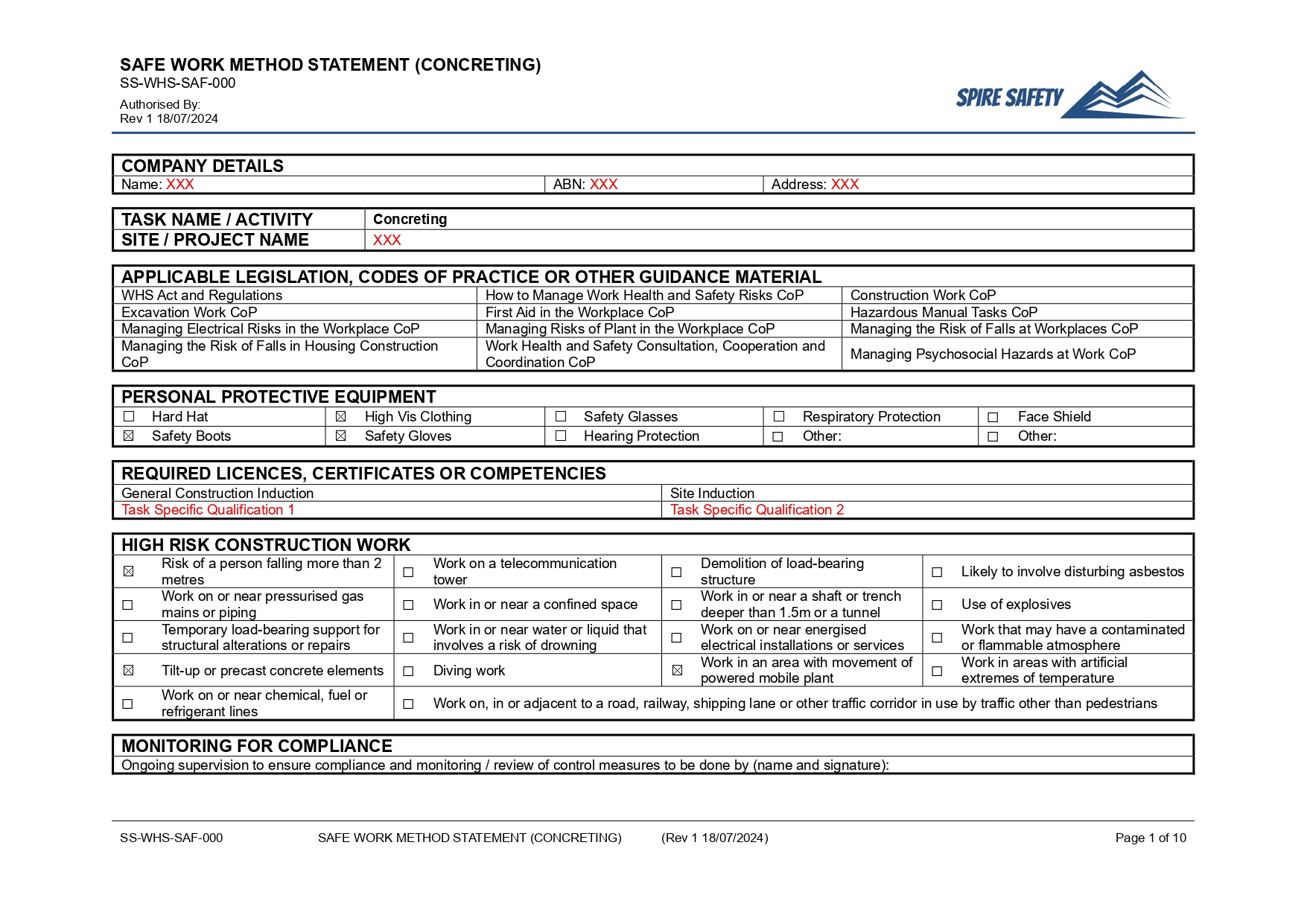 Free Concreting SWMS (Safe Work Method Statement) Template image