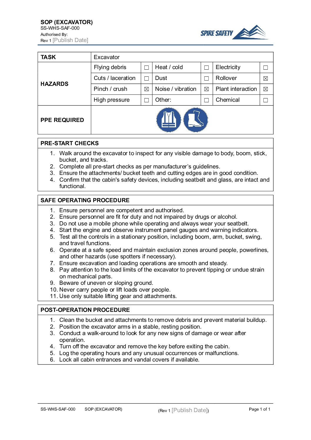 FREE Excavator SOP (Safe Operating Procedure) Template image