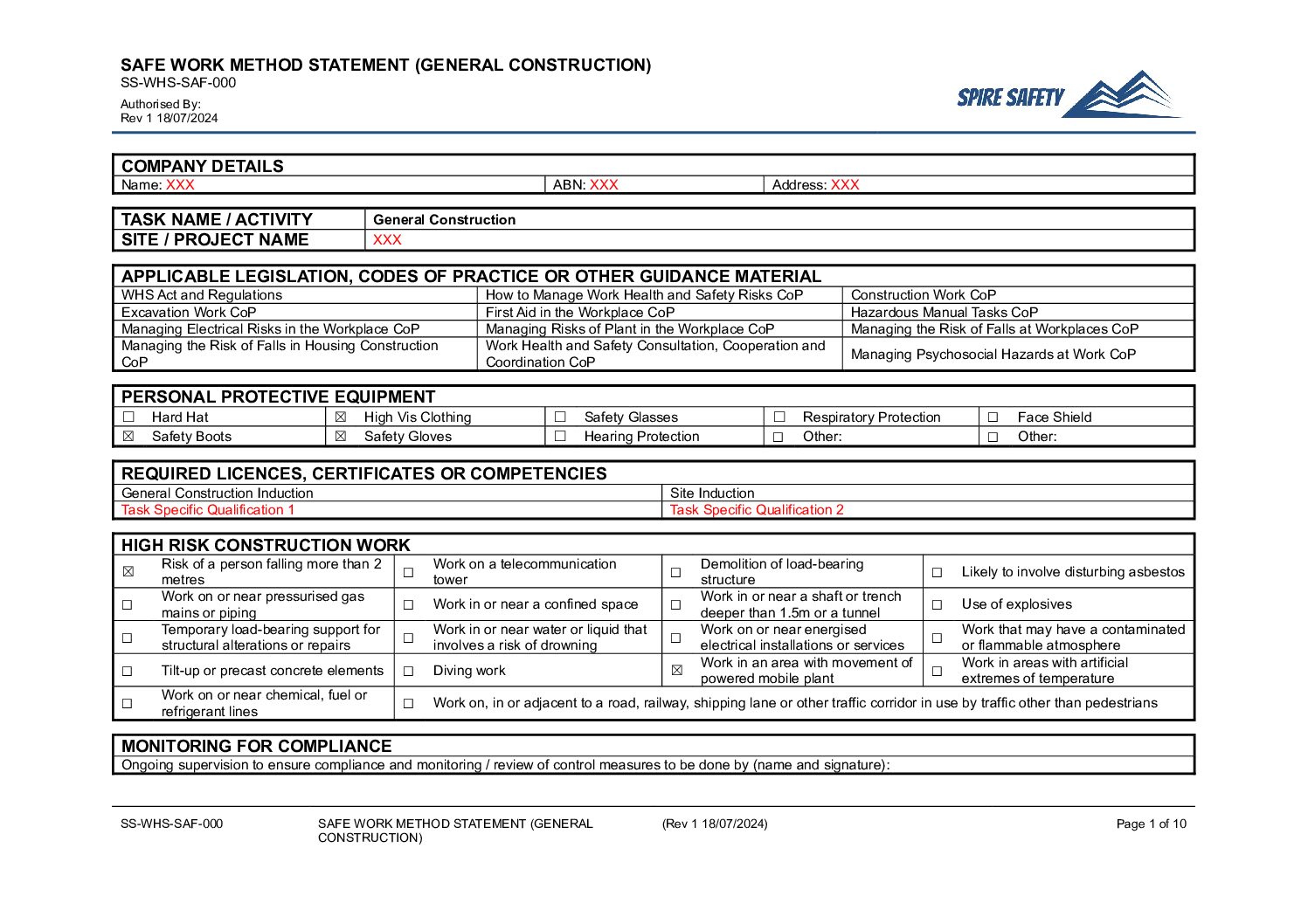 Free General Construction SWMS (Safe Work Method Statement) Template image
