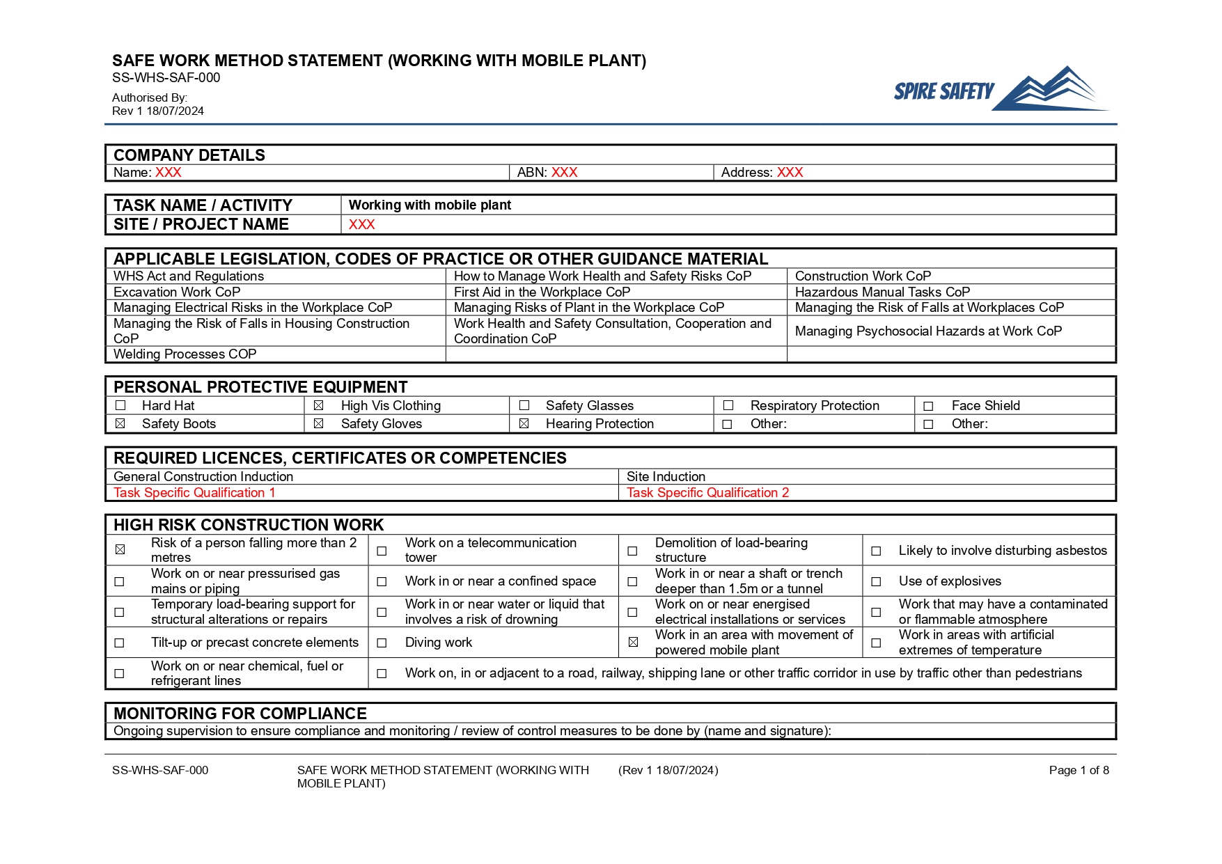 Free Working with Mobile Plant SWMS (Safe Work Method Statement) Template image