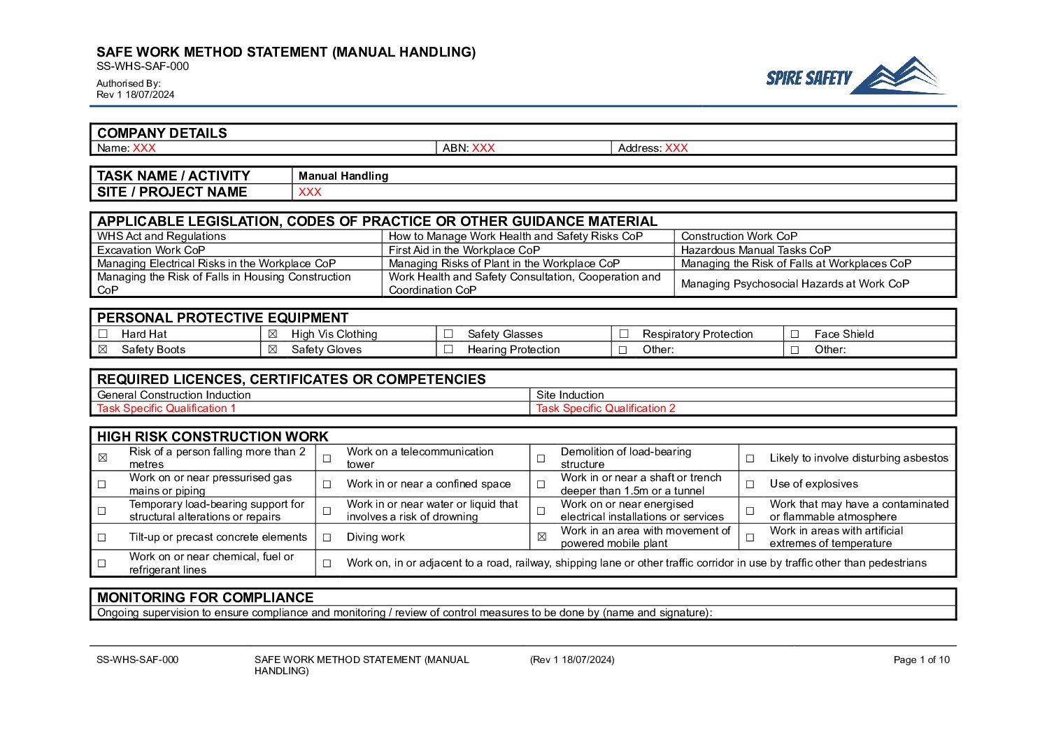 Free Manual Handling SWMS (Safe Work Method Statement) Template image