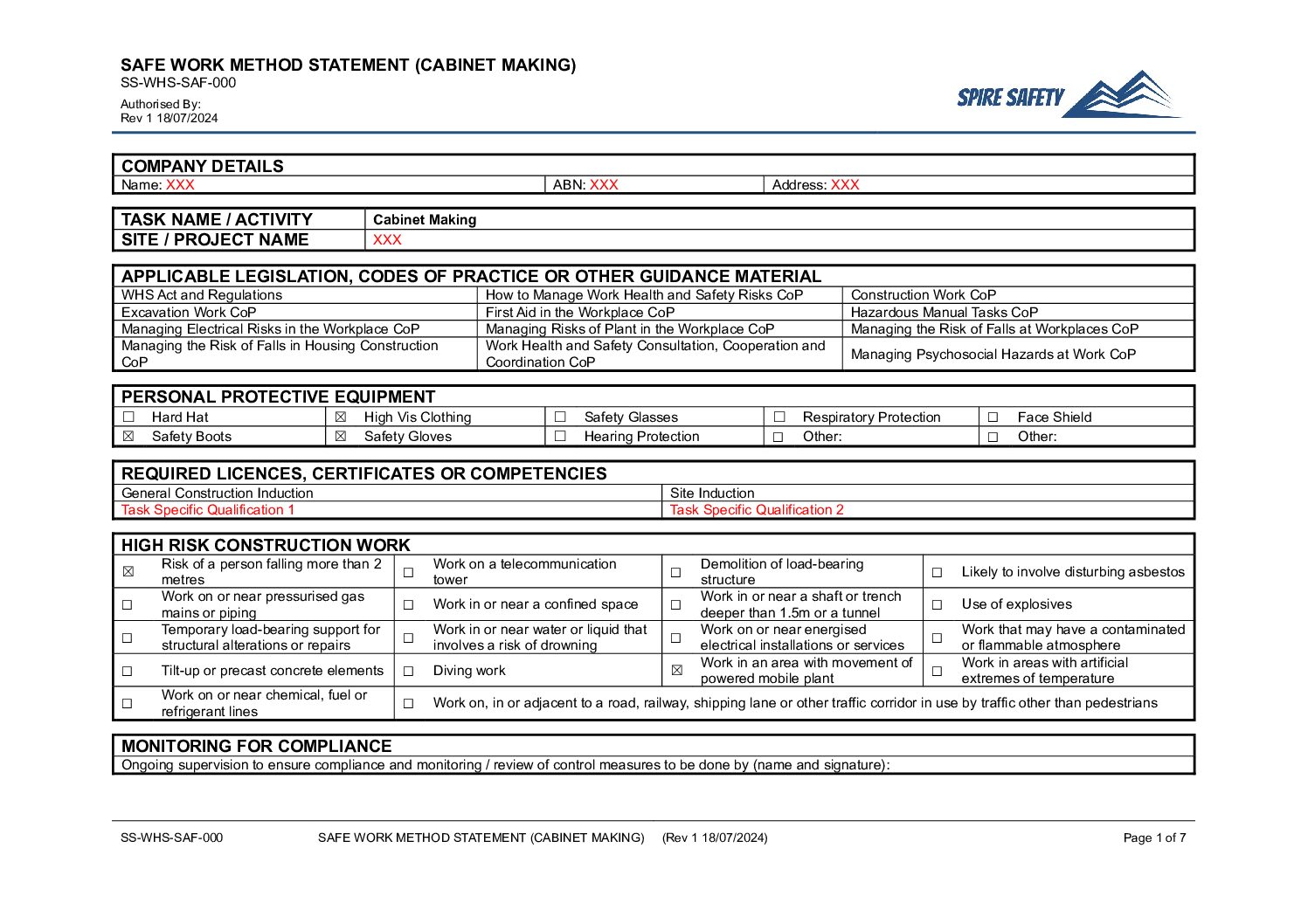 Free Cabinet Making SWMS (Safe Work Method Statement) Template image