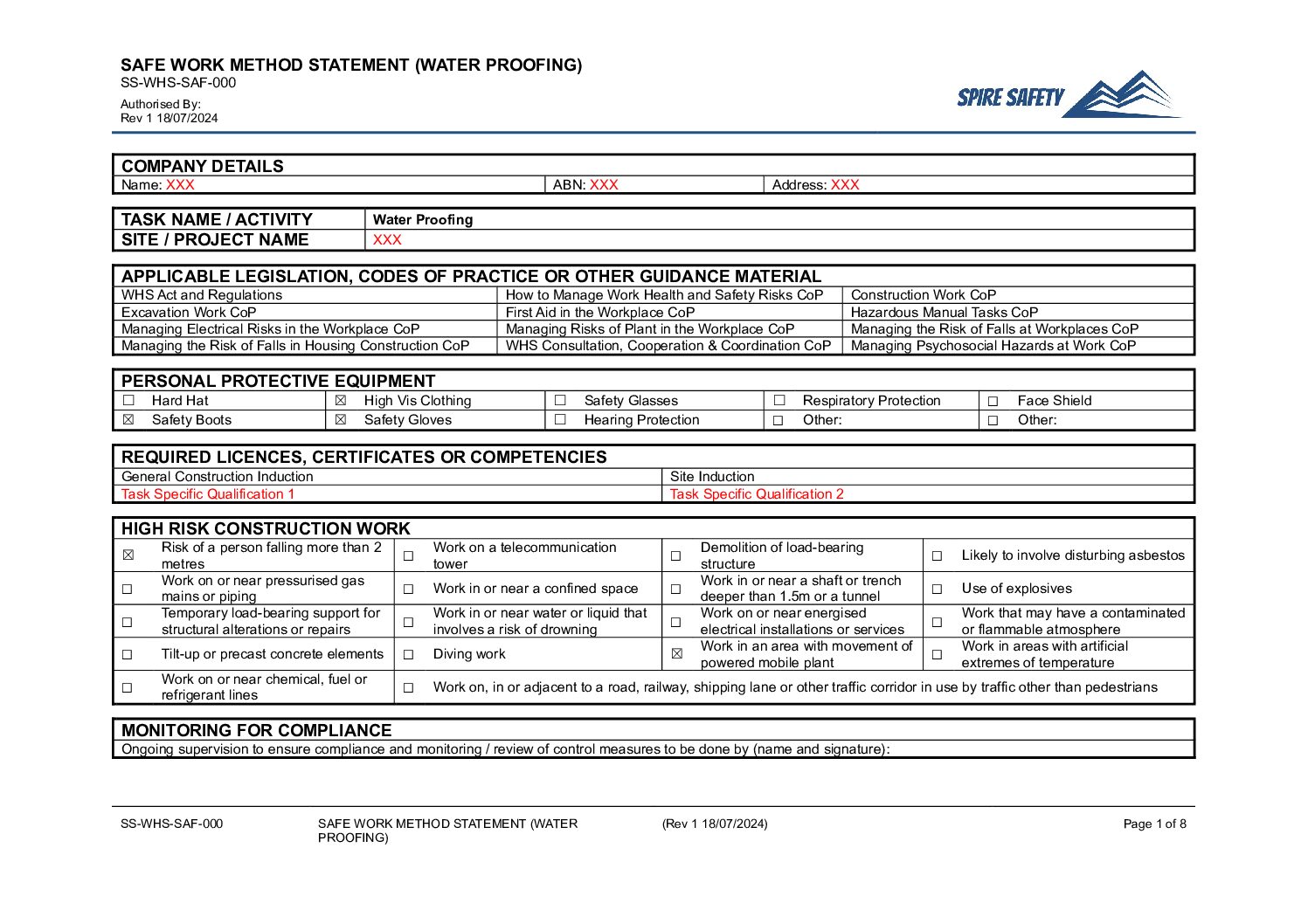 Free Water Proofing SWMS (Safe Work Method Statement) Template image