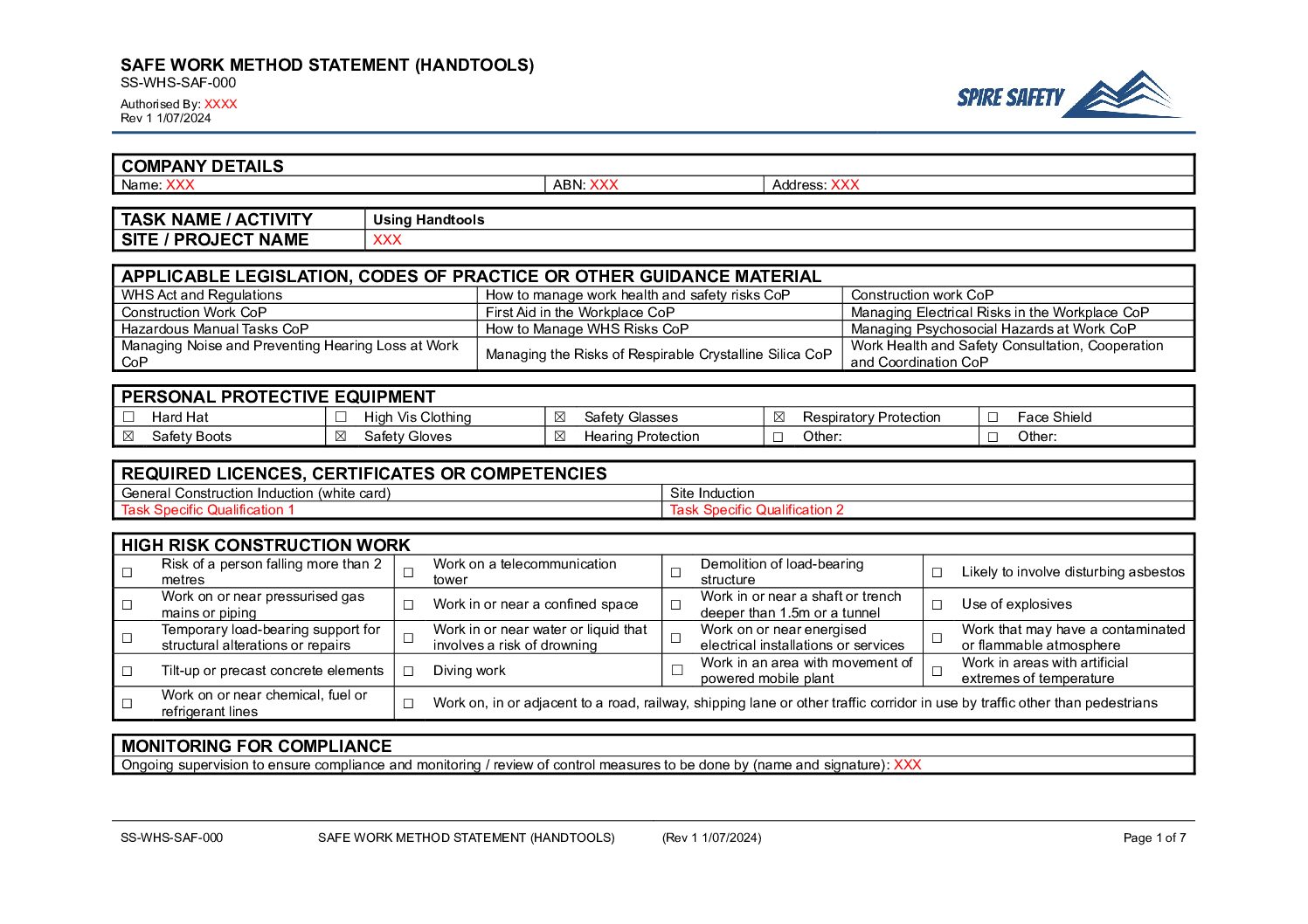 Free Hand Tools SWMS (Safe Work Method Statement) Template image