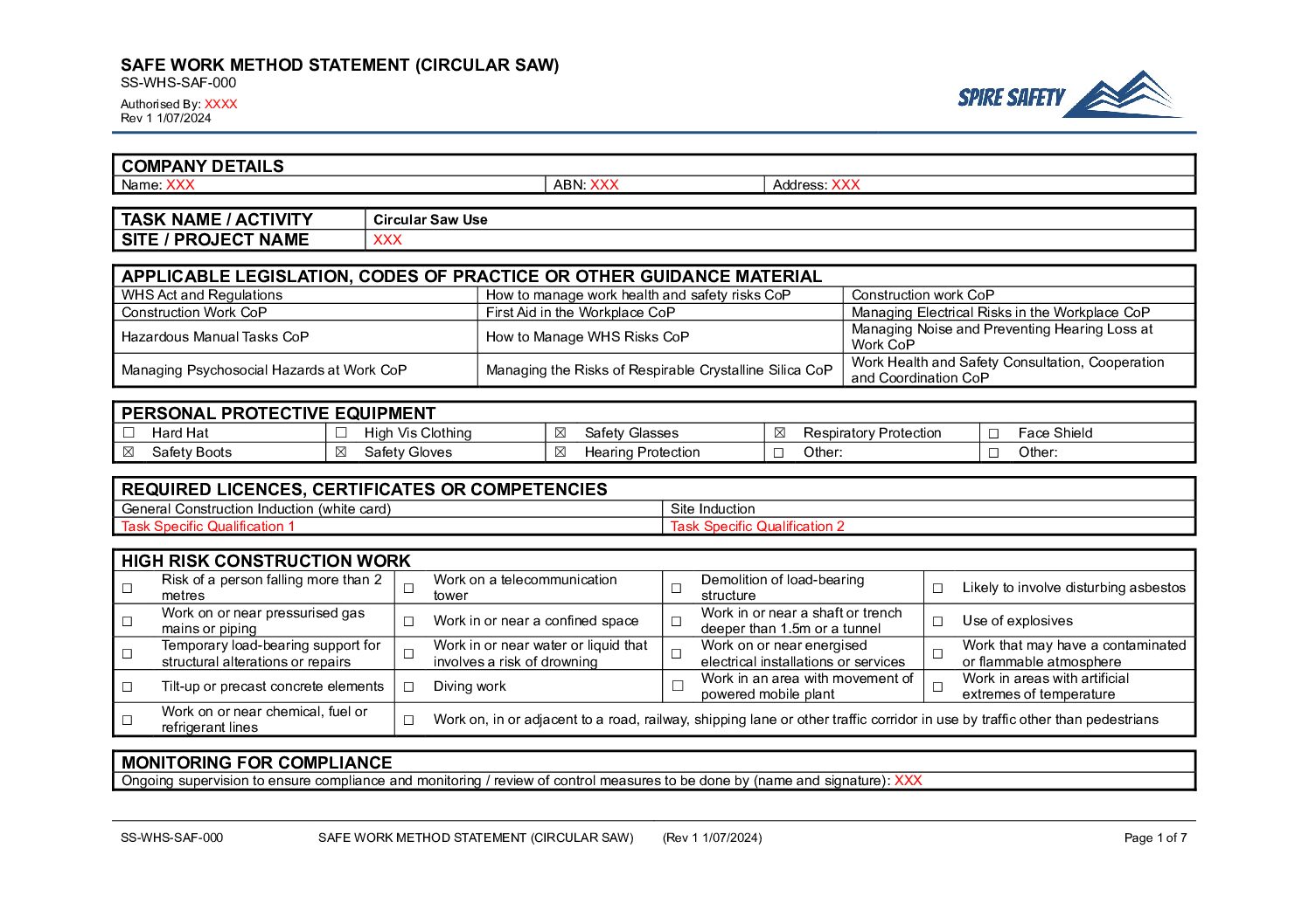 Free Circular Saw SWMS (Safe Work Method Statement) Template image