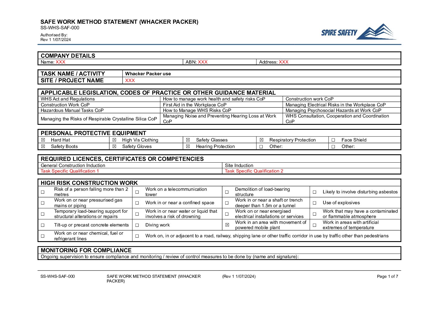 Free Whacker Packer SWMS (Safe Work Method Statement) Template image