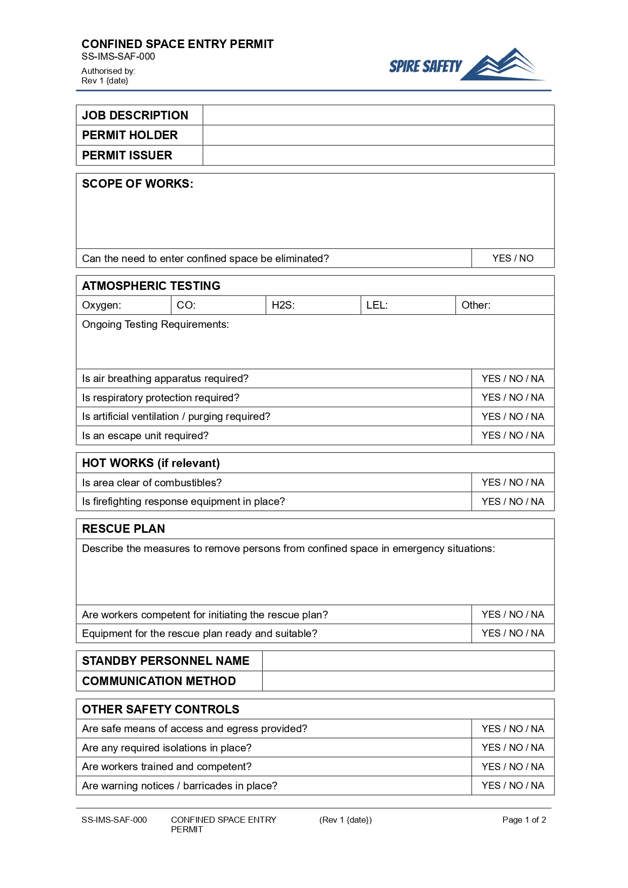 Free Confined Space Entry Permit Template image