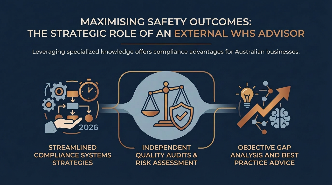 Diagram comparing in-house WHS and external safety advisor benefits for Australian businesses.