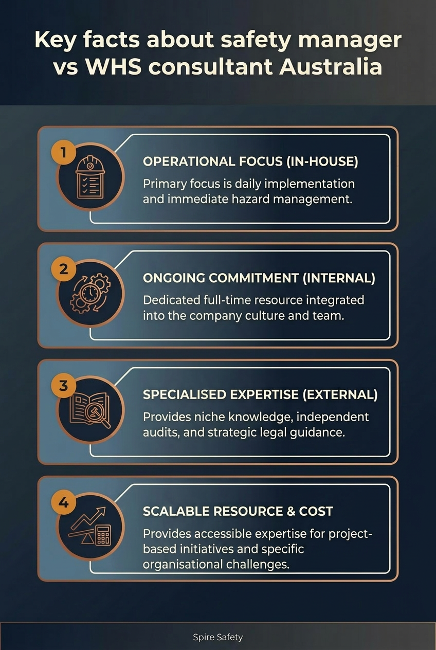 Understand the differences: in-house safety manager vs. external WHS consultant in Australia.