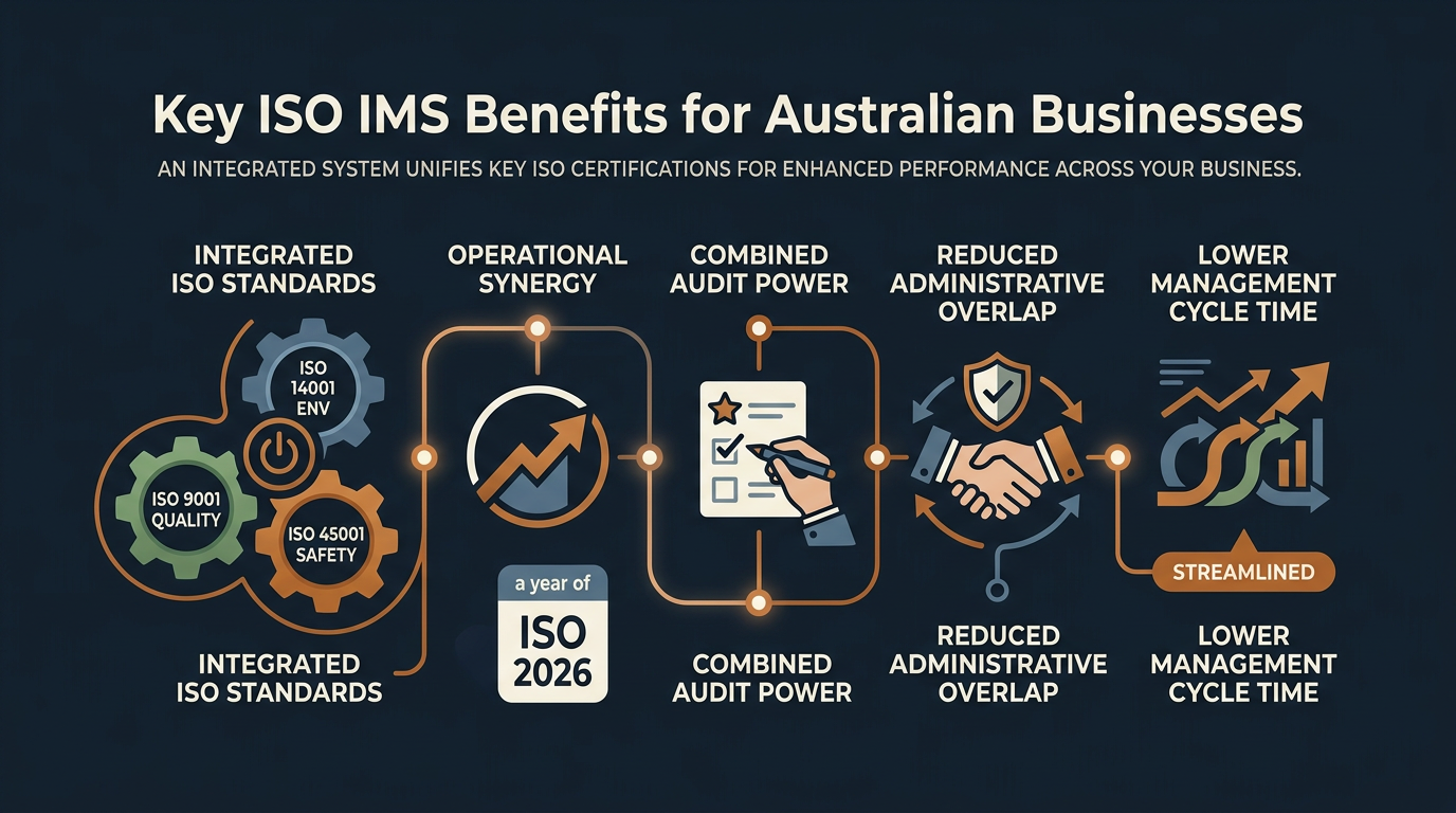 Infographic highlighting key ISO IMS benefits for Australian businesses and their ISO 9001, 14001, 45001 integration.