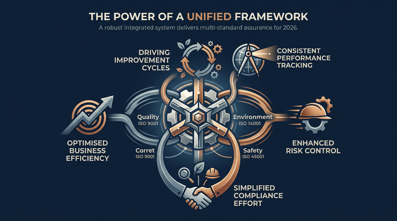 Unified framework visualising integrated ISO 9001, 14001, 45001 management systems