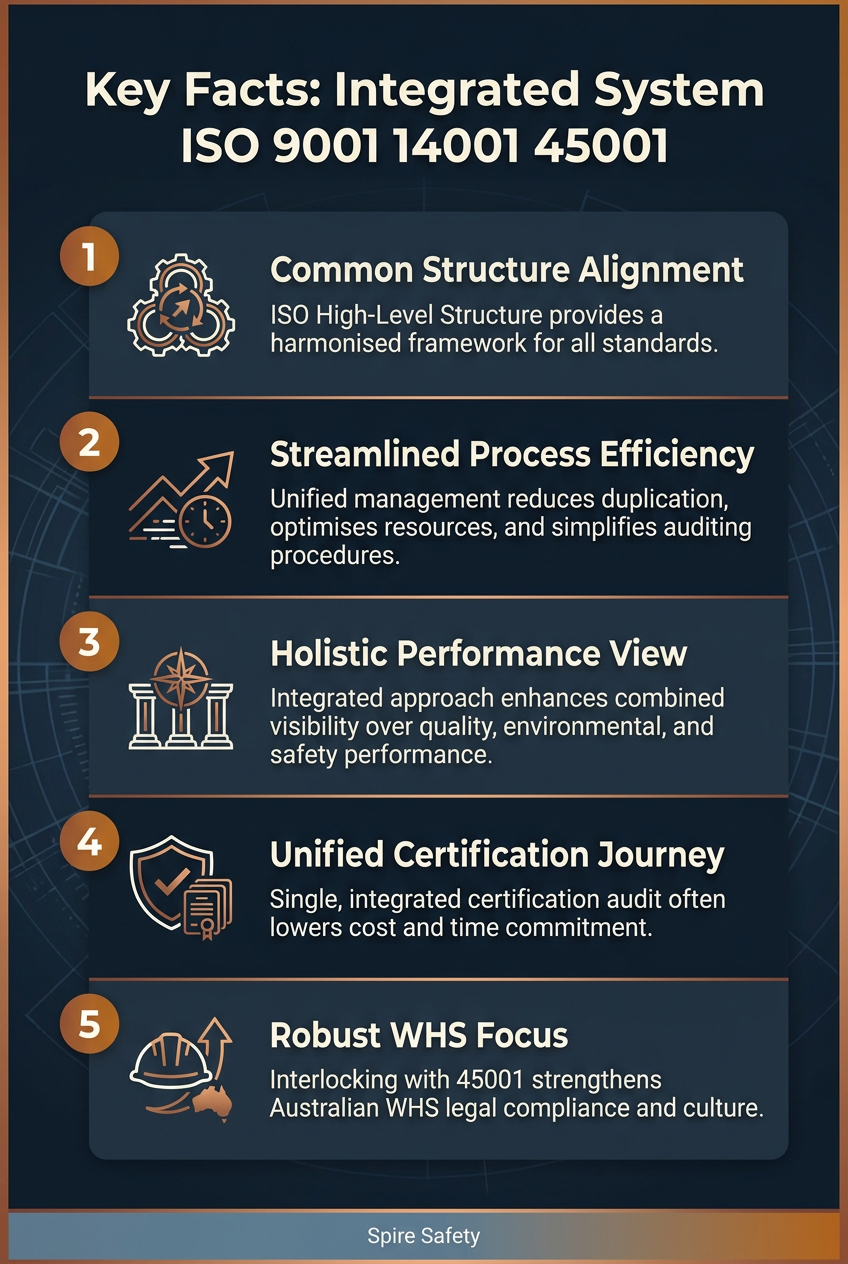 Discover key facts about integrating ISO 9001 quality, 14001 environmental, and 45001 safety standards.