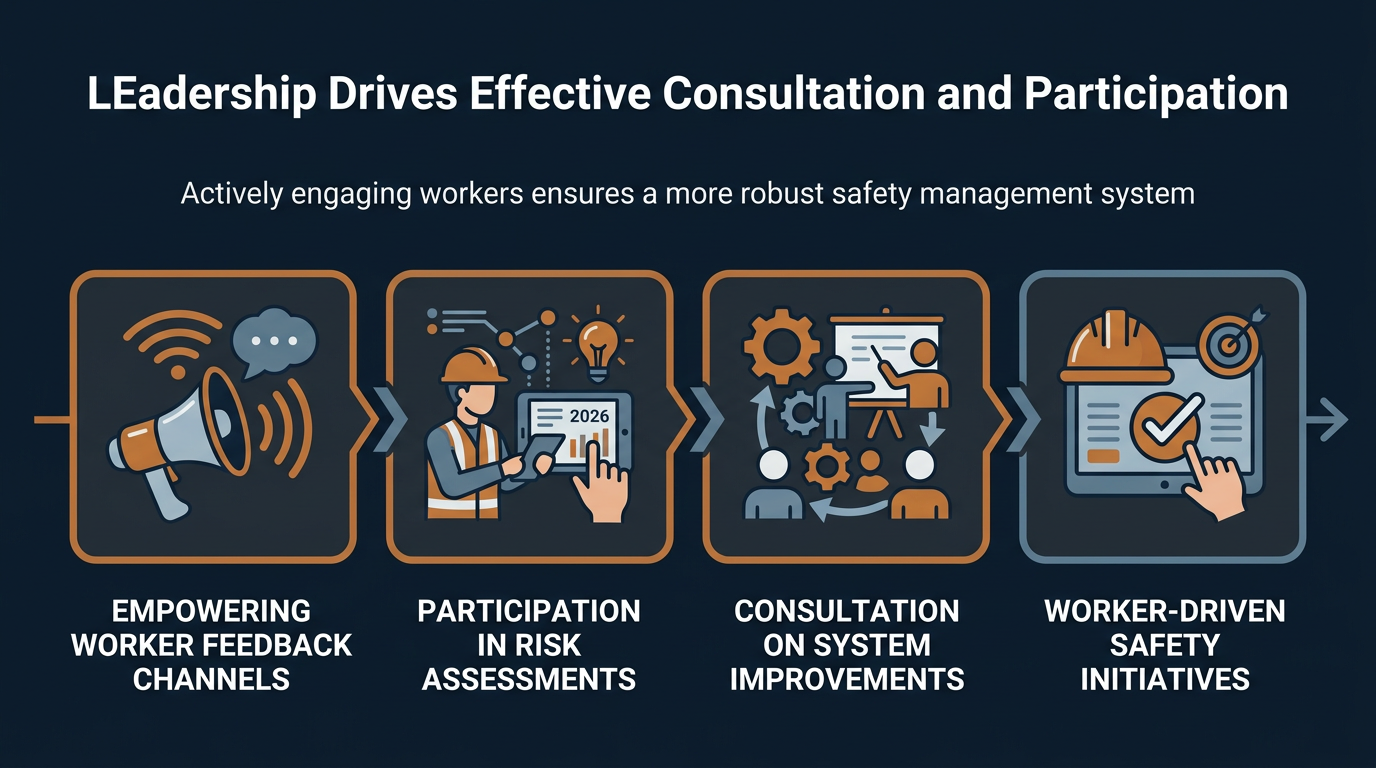 ISO 45001 Leadership & Worker Participation Demonstrating ISO 45001 leadership through effective communication and worker participation.