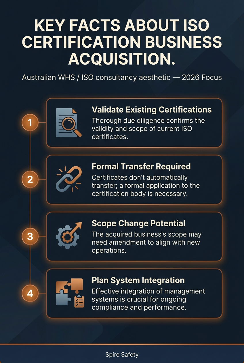 Understand key facts for acquiring a business with ISO certification, including scope changes and auditor notification.