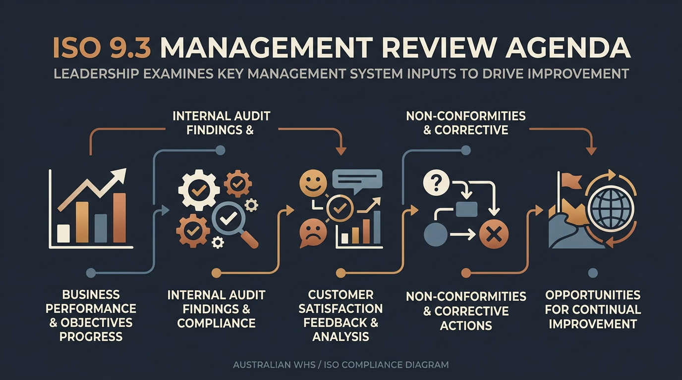 ISO 9.3 Leadership Compliance Explained Diagram illustrating ISO 9.3 compliance requirements for leadership in WHS and management systems.
