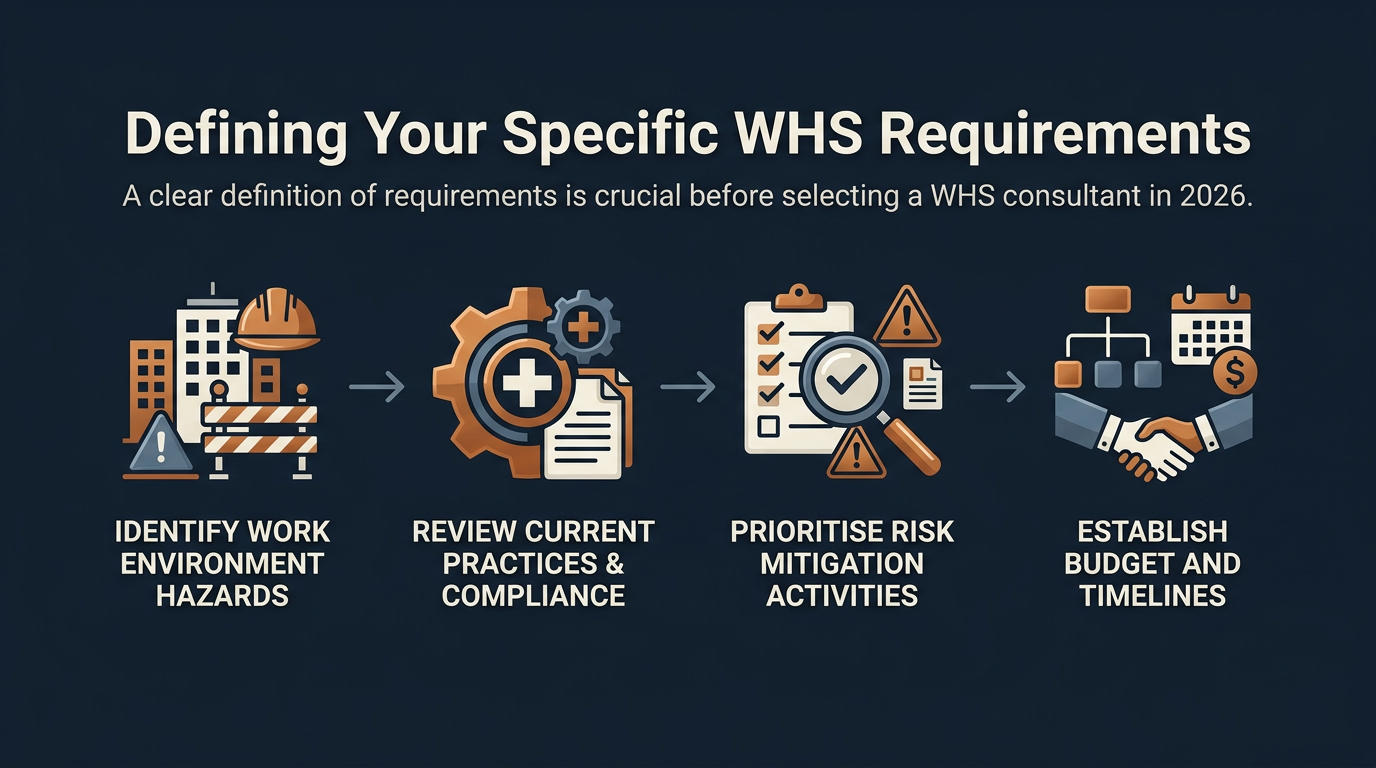 Checklist for defining specific WHS requirements with a safety consultant.