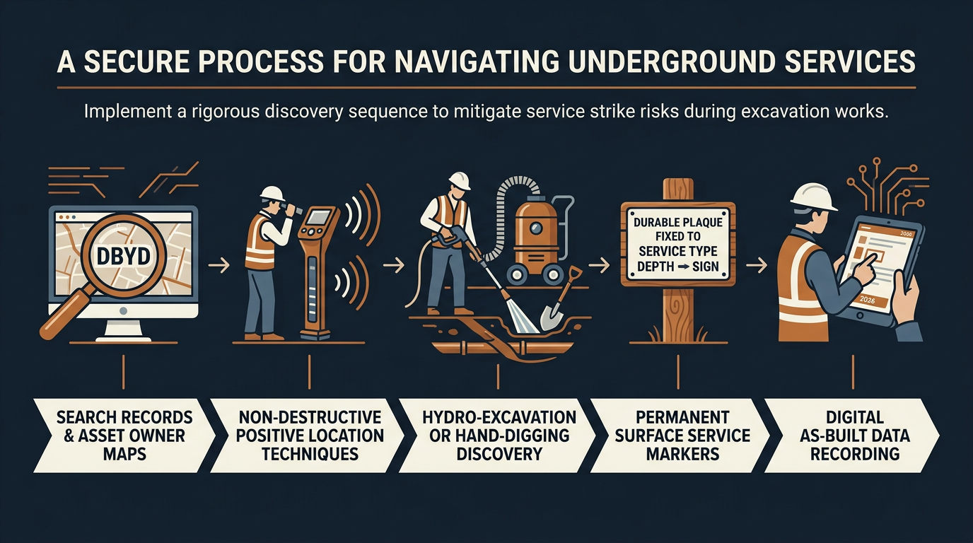 Underground Services: WHS for Civil Projects Diagram showing safe excavation around underground services for civil contractors.