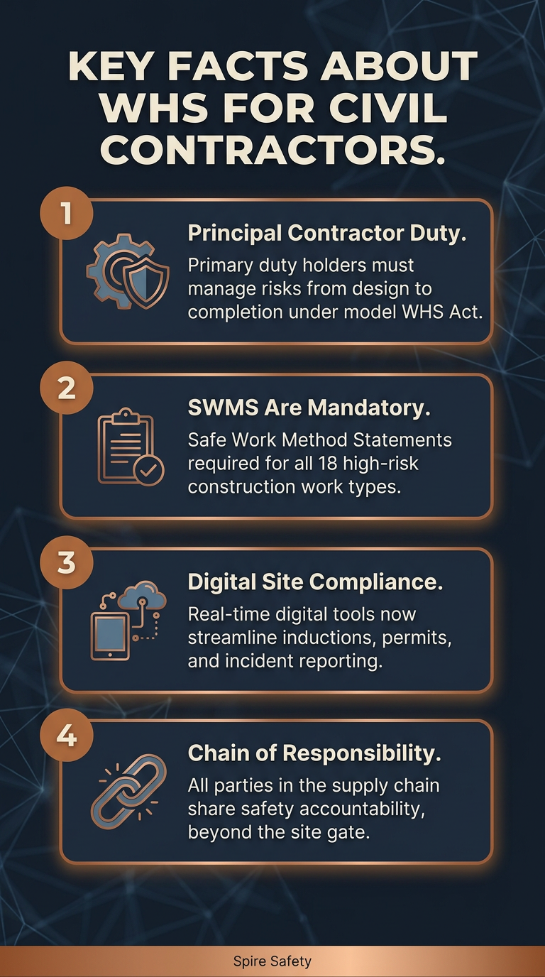 Essential WHS facts for civil contractors in Australia, covering workplace safety and risk management.