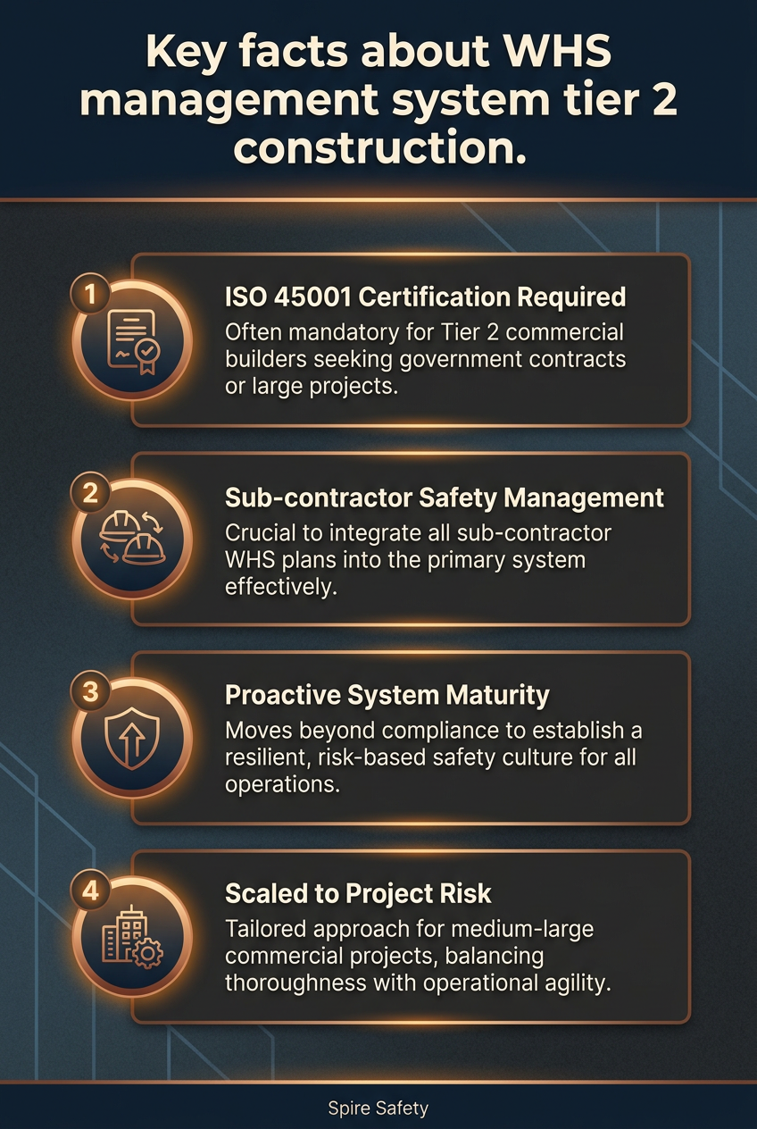 Essential facts about WHS management systems for Tier 2 construction projects and ISO 45001 compliance.