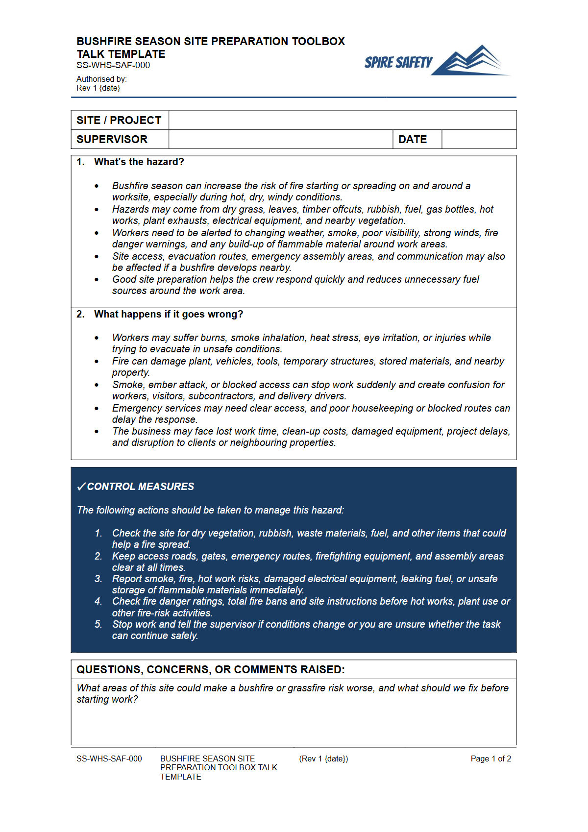 Preview of Bushfire Season Site Preparation Toolbox Talk Template