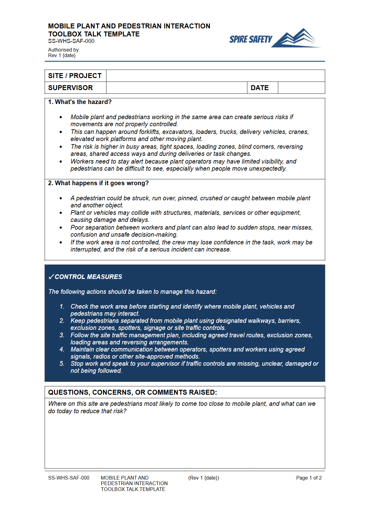 Preview of Mobile Plant and Pedestrian Interaction Toolbox Talk Template