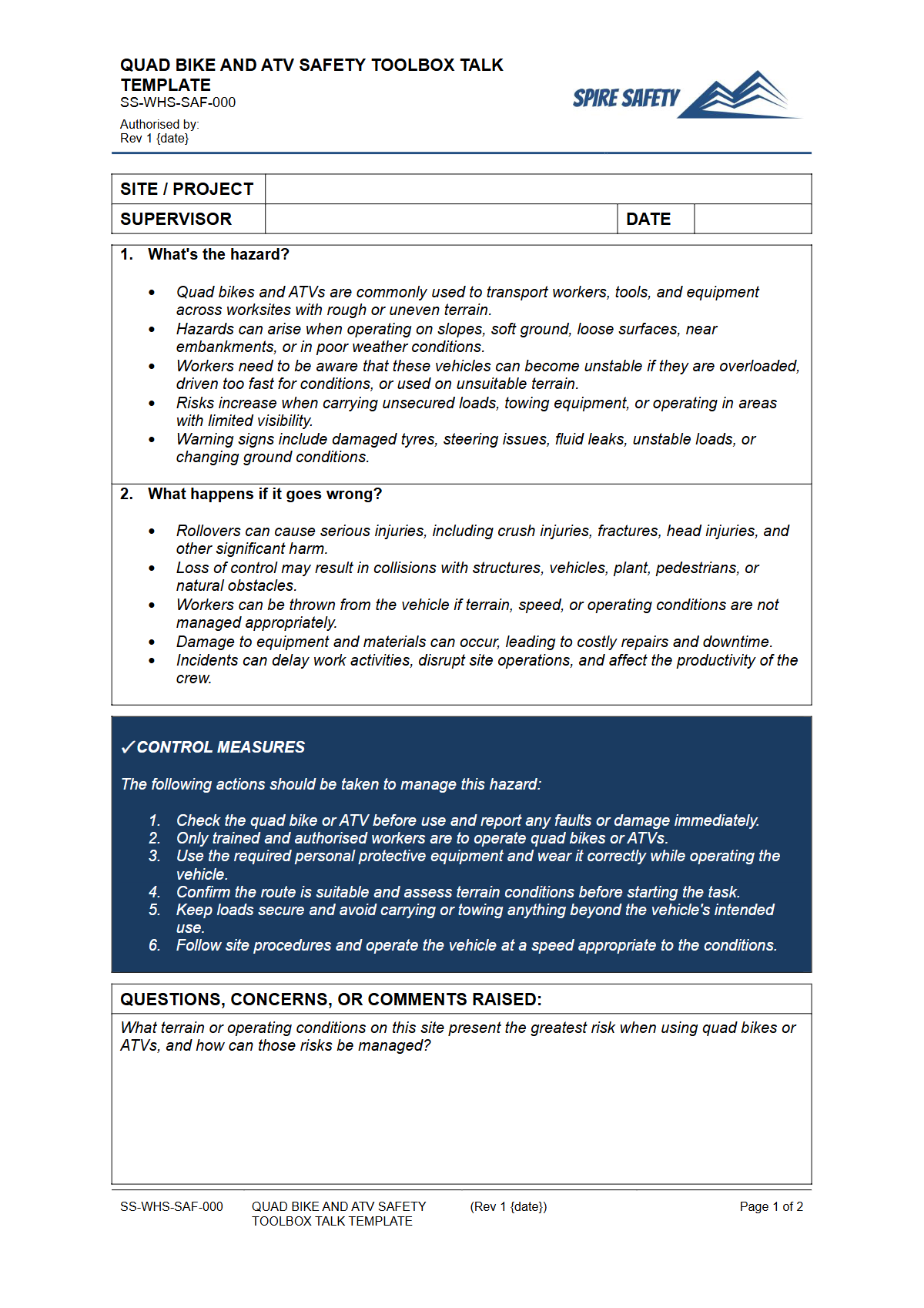 Preview of Quad Bike and ATV Safety Toolbox Talk Template