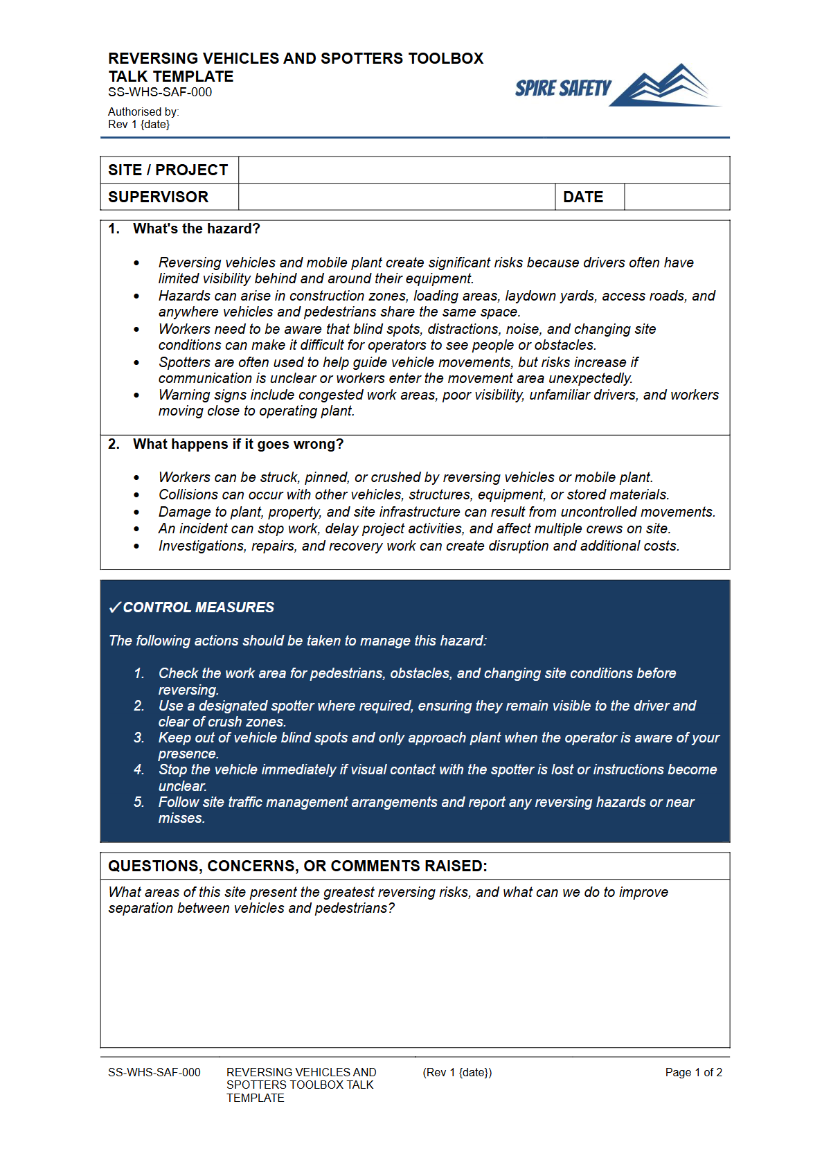 Preview of Reversing Vehicles and Spotters Toolbox Talk Template