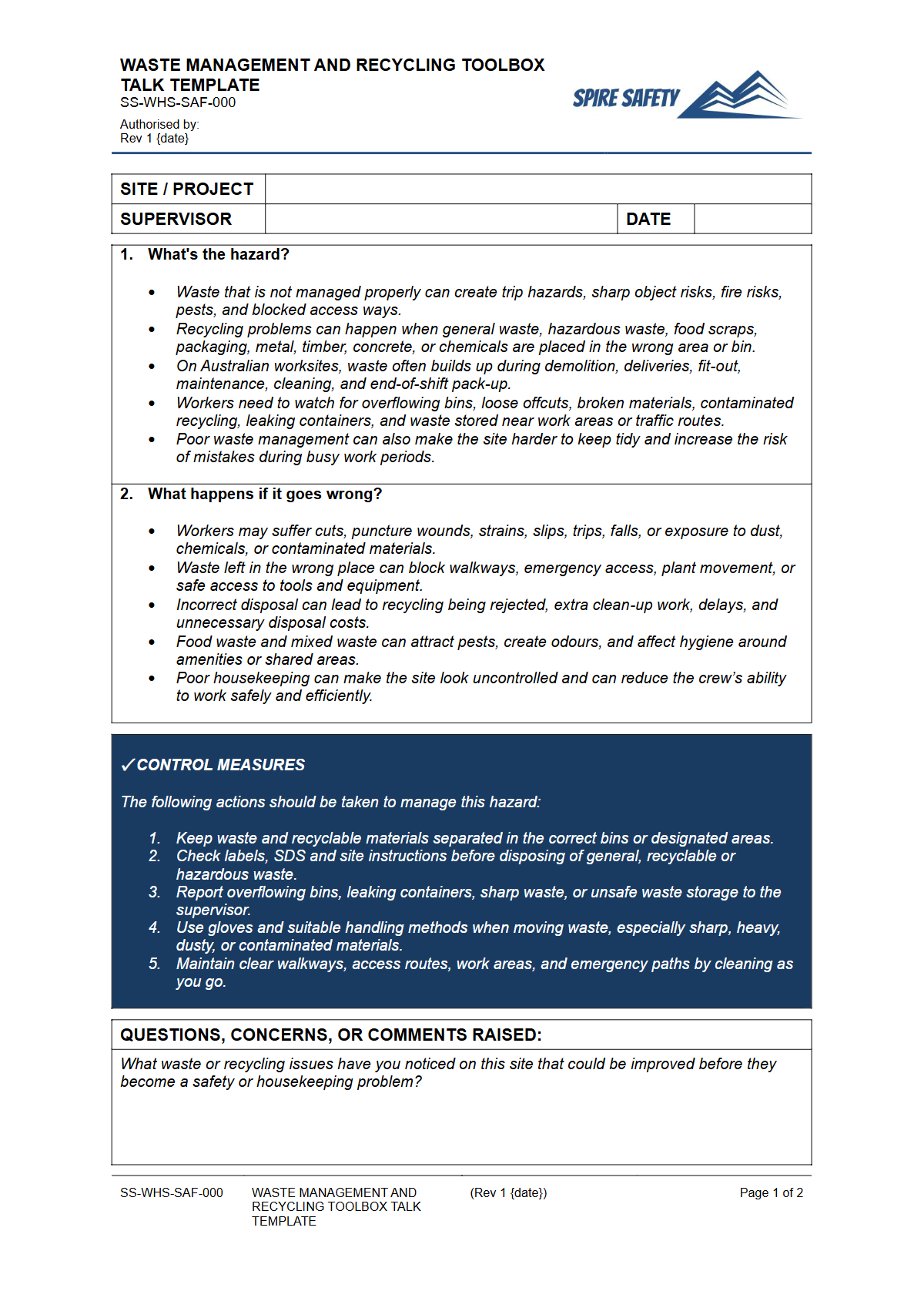 Preview of Waste Management and Recycling Toolbox Talk Template