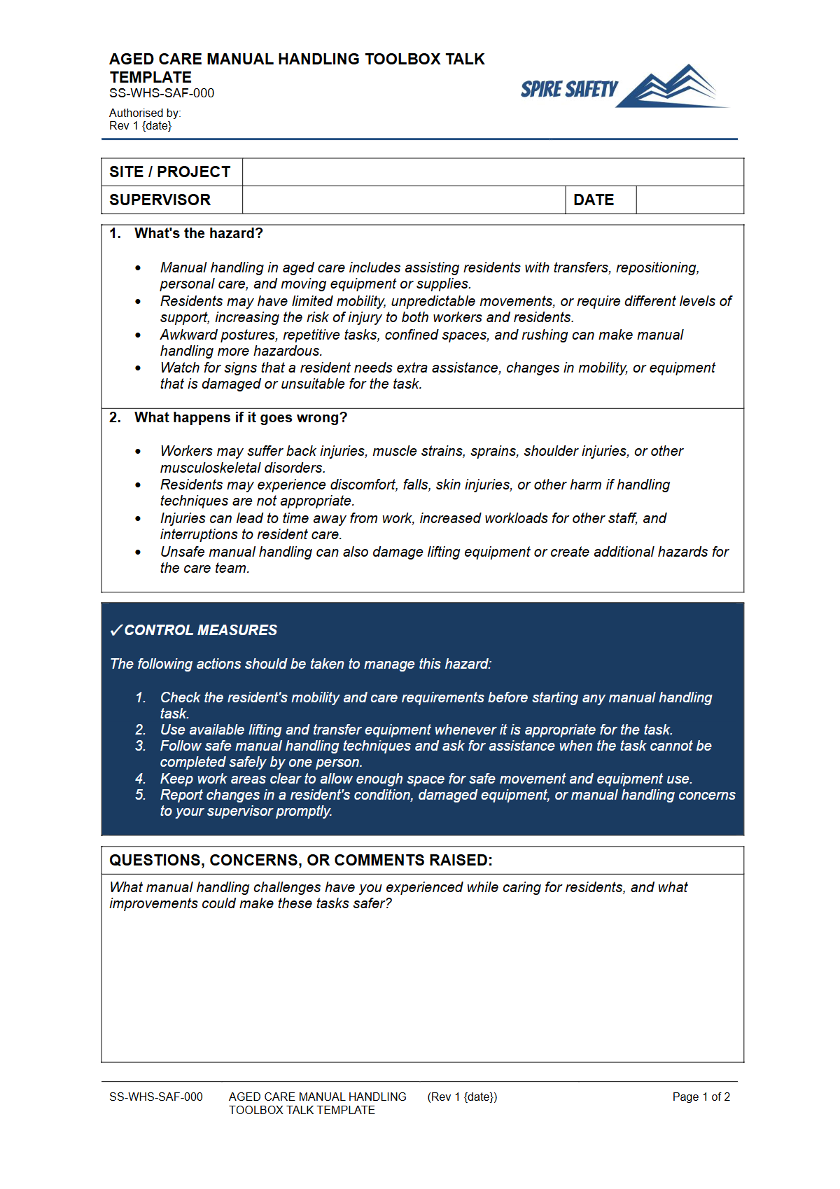 Preview of Aged Care Manual Handling Toolbox Talk Template