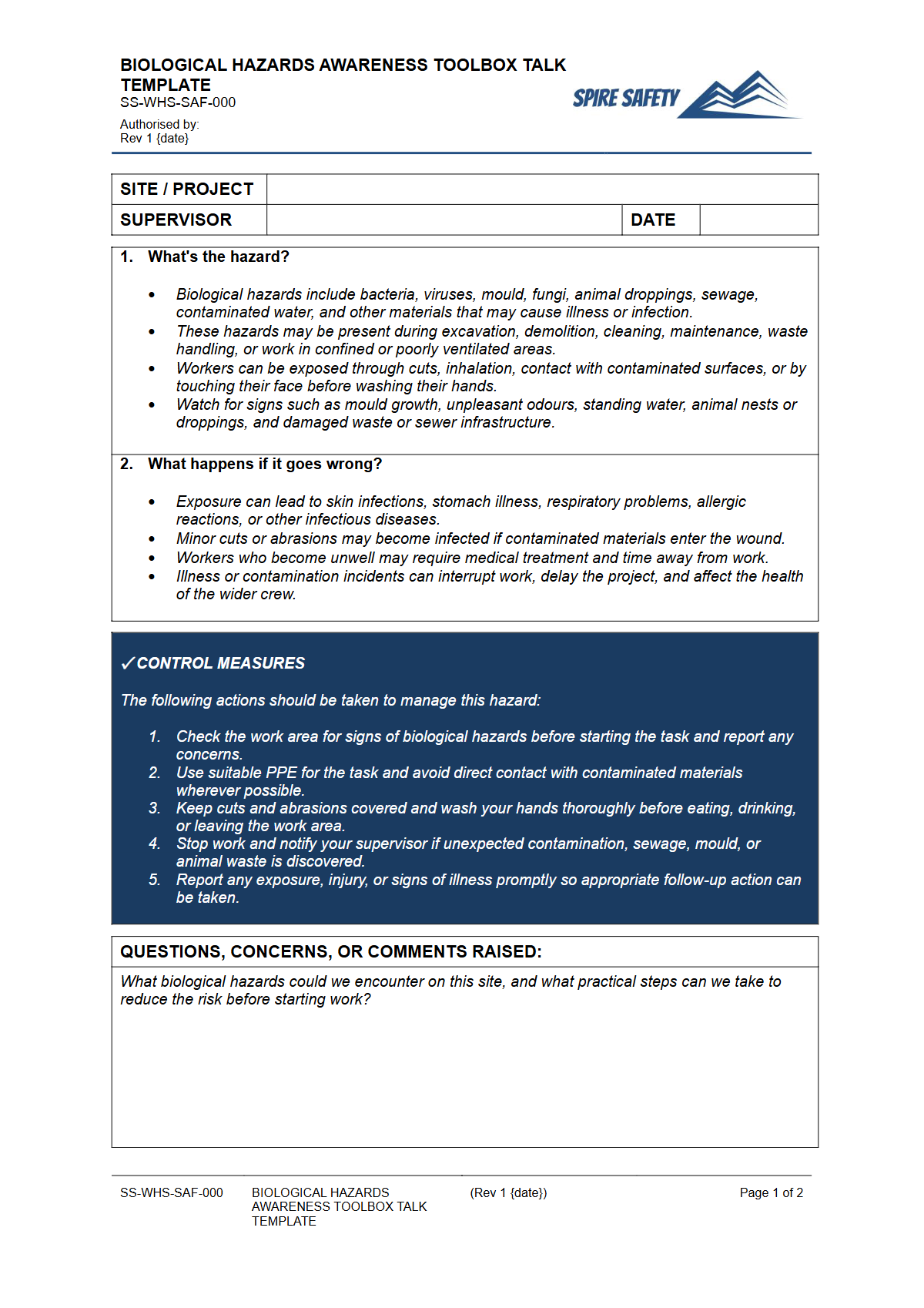 Biological Hazards Awareness Toolbox Talk Template — document preview