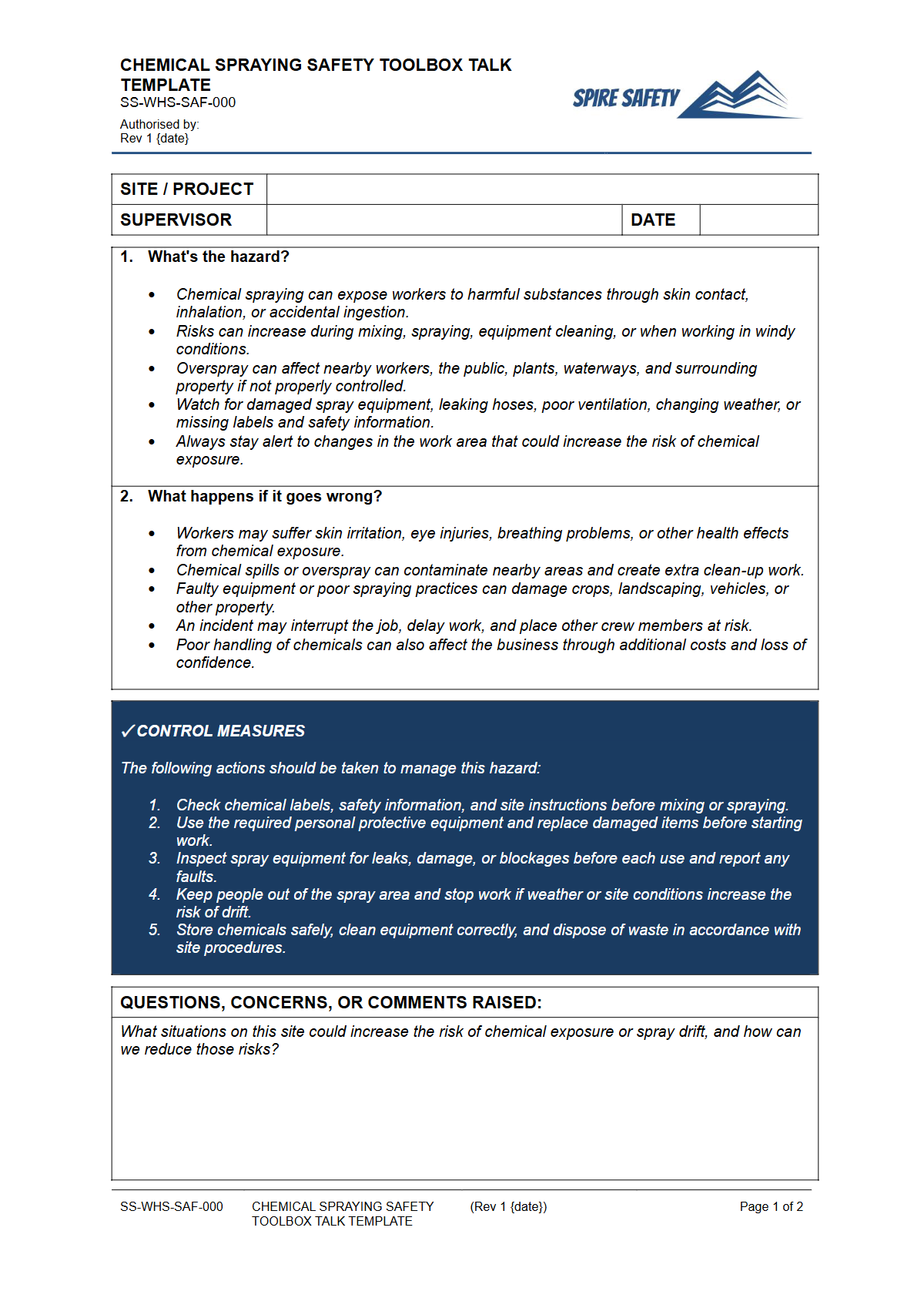 Preview of Chemical Spraying Safety Toolbox Talk Template