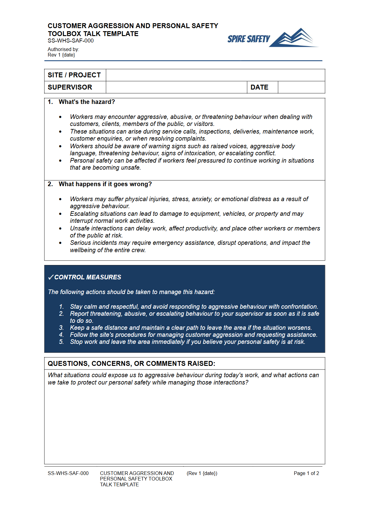 Preview of Customer Aggression and Personal Safety Toolbox Talk Template
