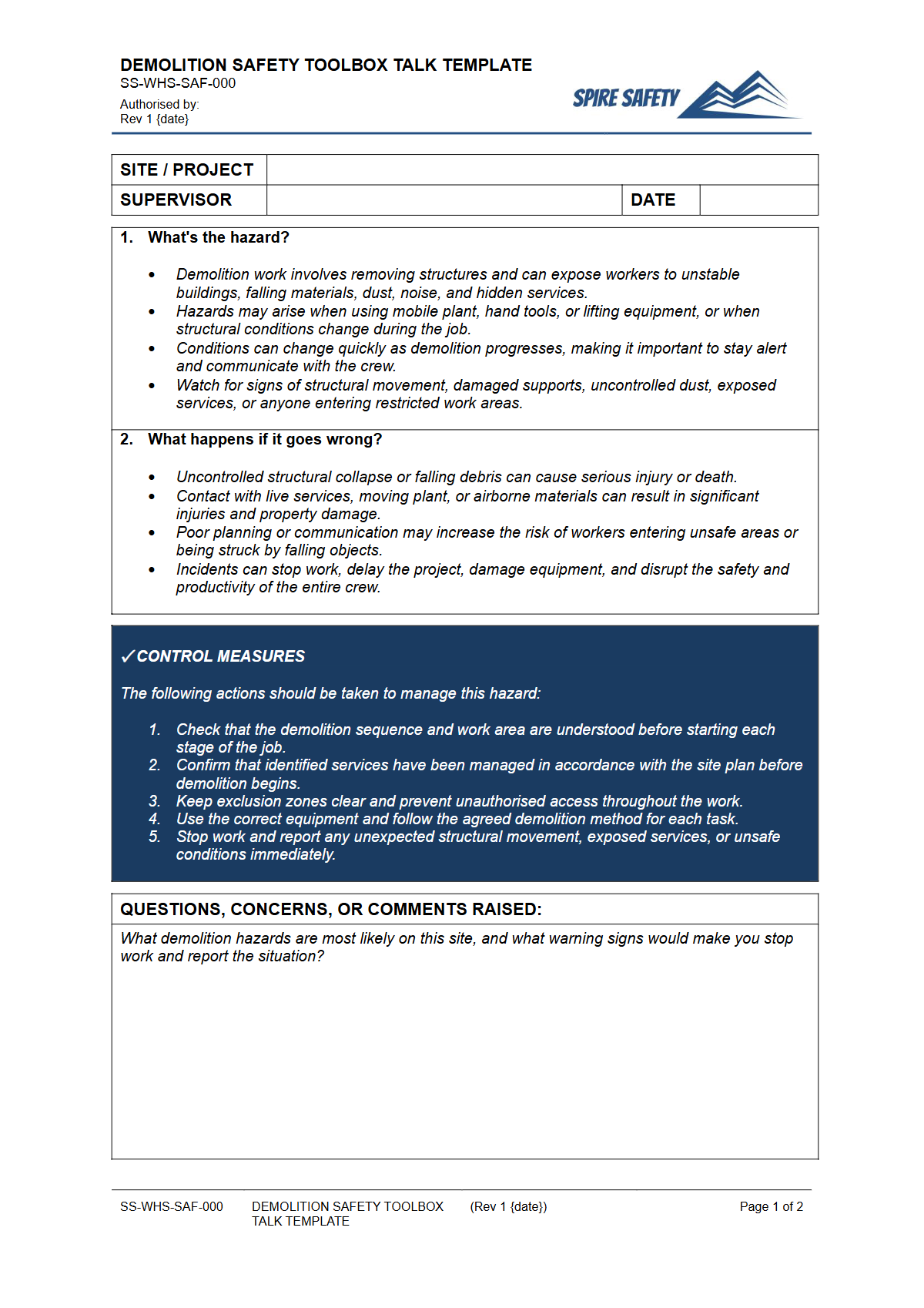 Preview of Demolition Safety Toolbox Talk Template