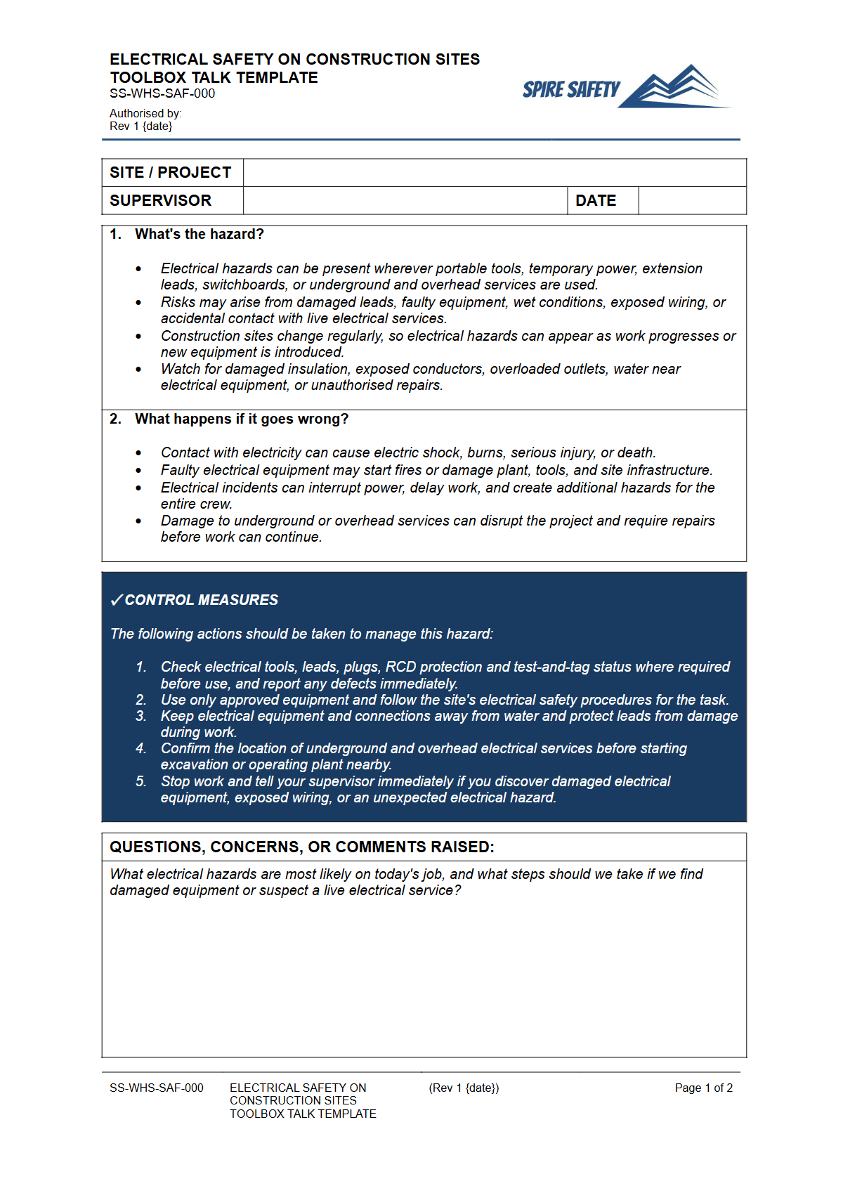 Preview of Electrical Safety on Construction Sites Toolbox Talk Template