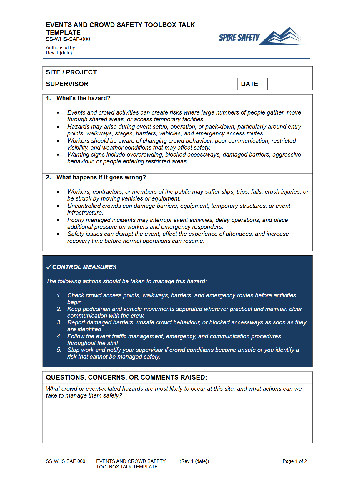 Preview of Events and Crowd Safety Toolbox Talk Template
