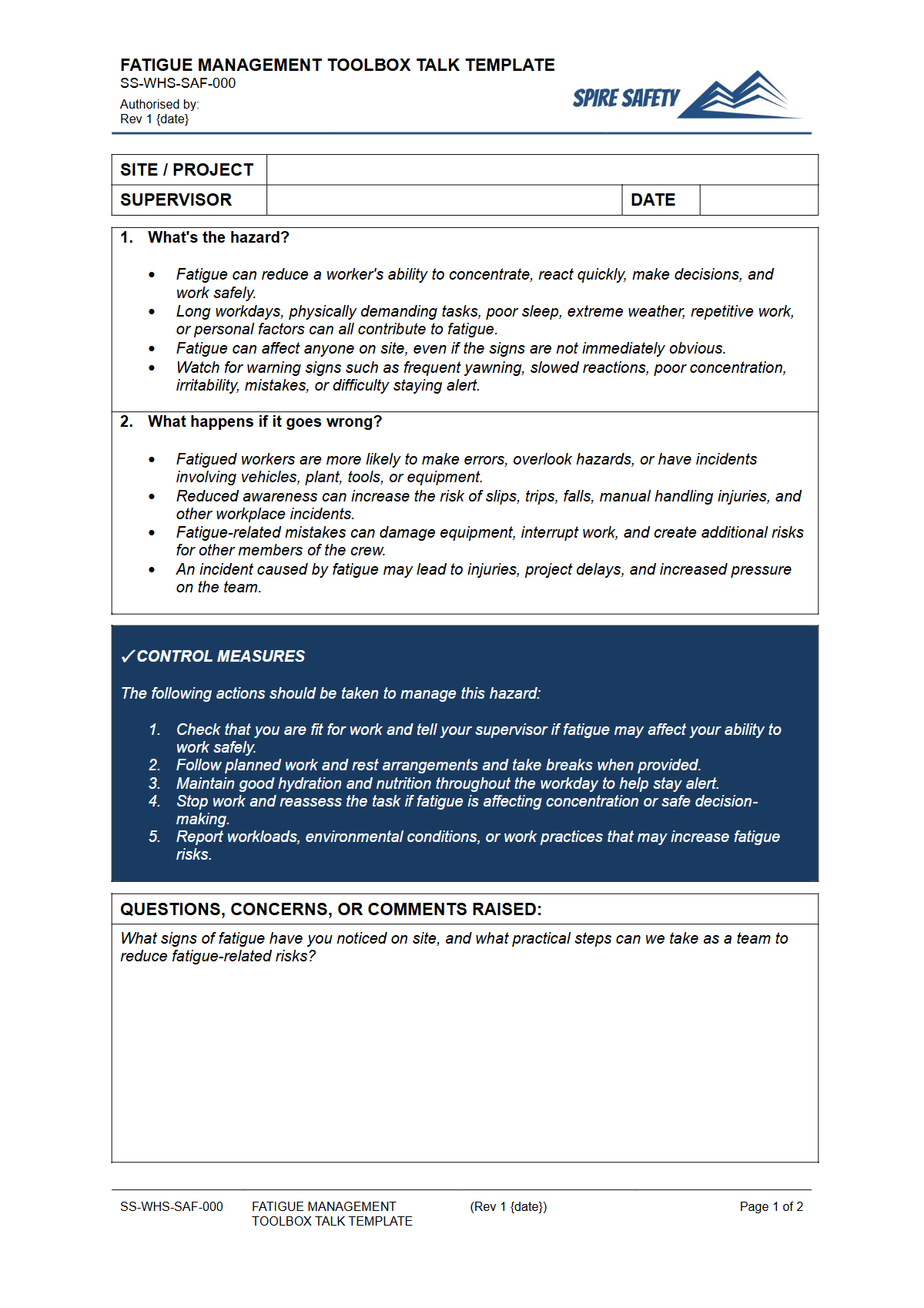 Preview of Fatigue Management Toolbox Talk Template