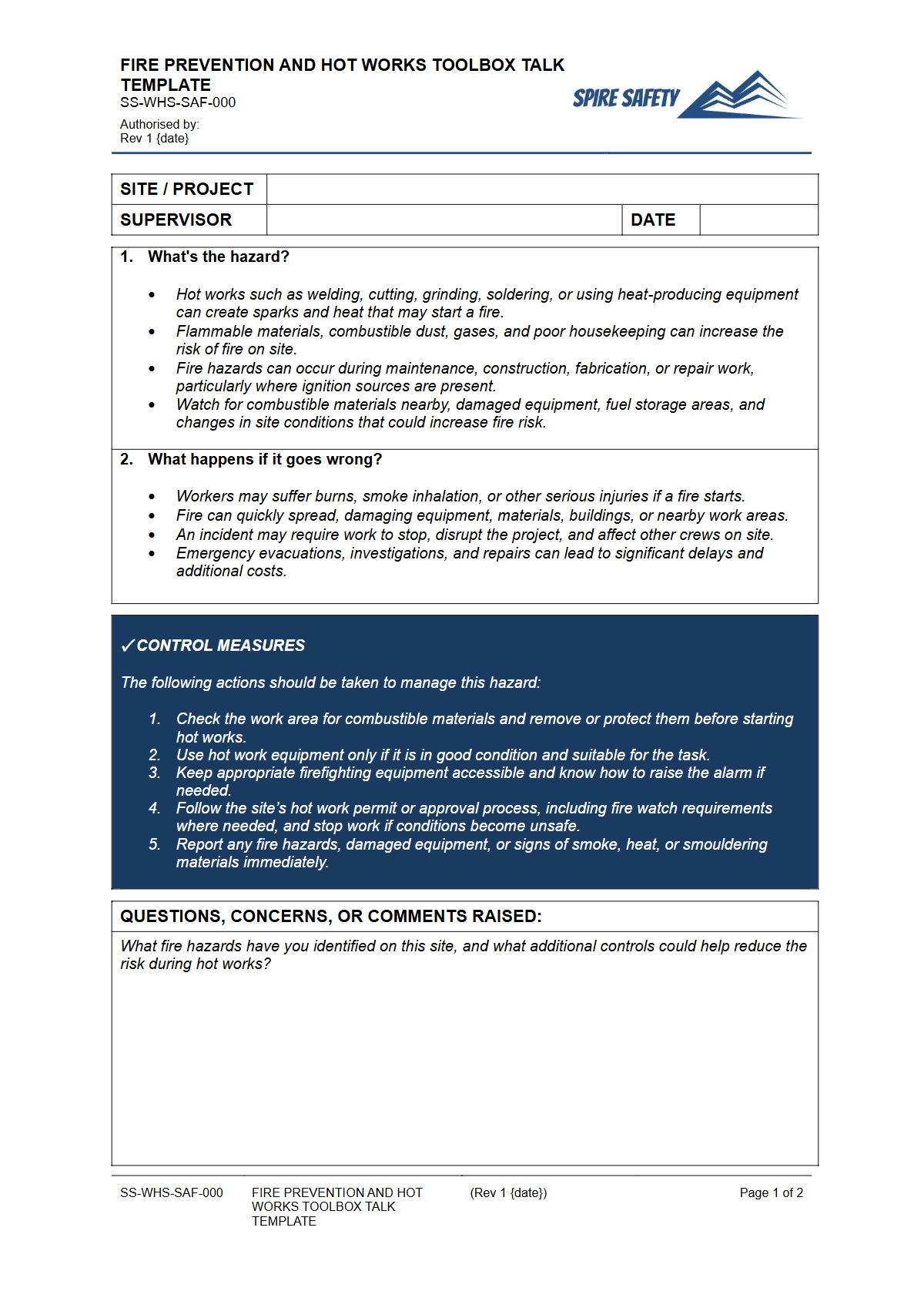 Preview of Fire Prevention and Hot Works Toolbox Talk Template