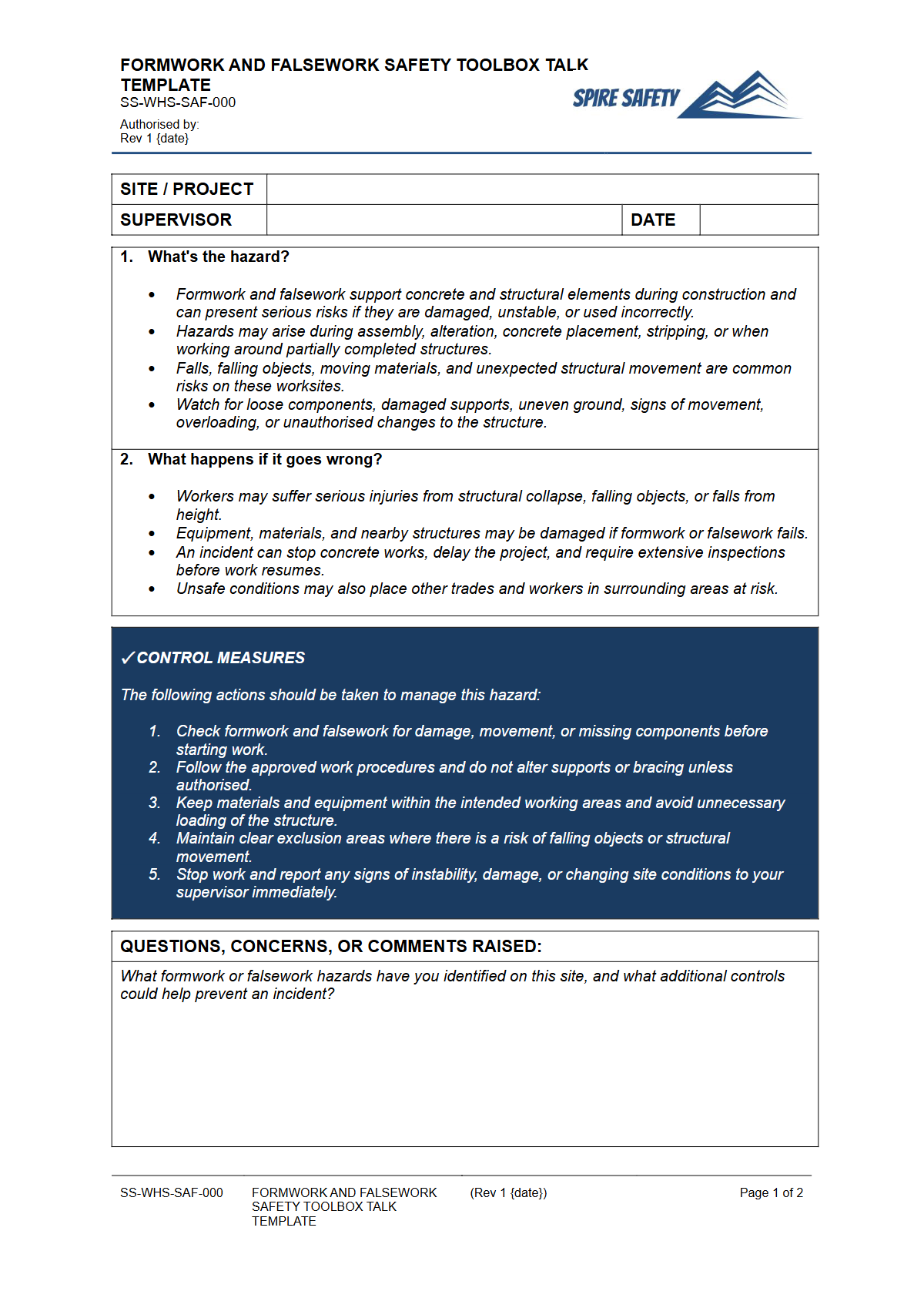 Preview of Formwork and Falsework Safety Toolbox Talk Template