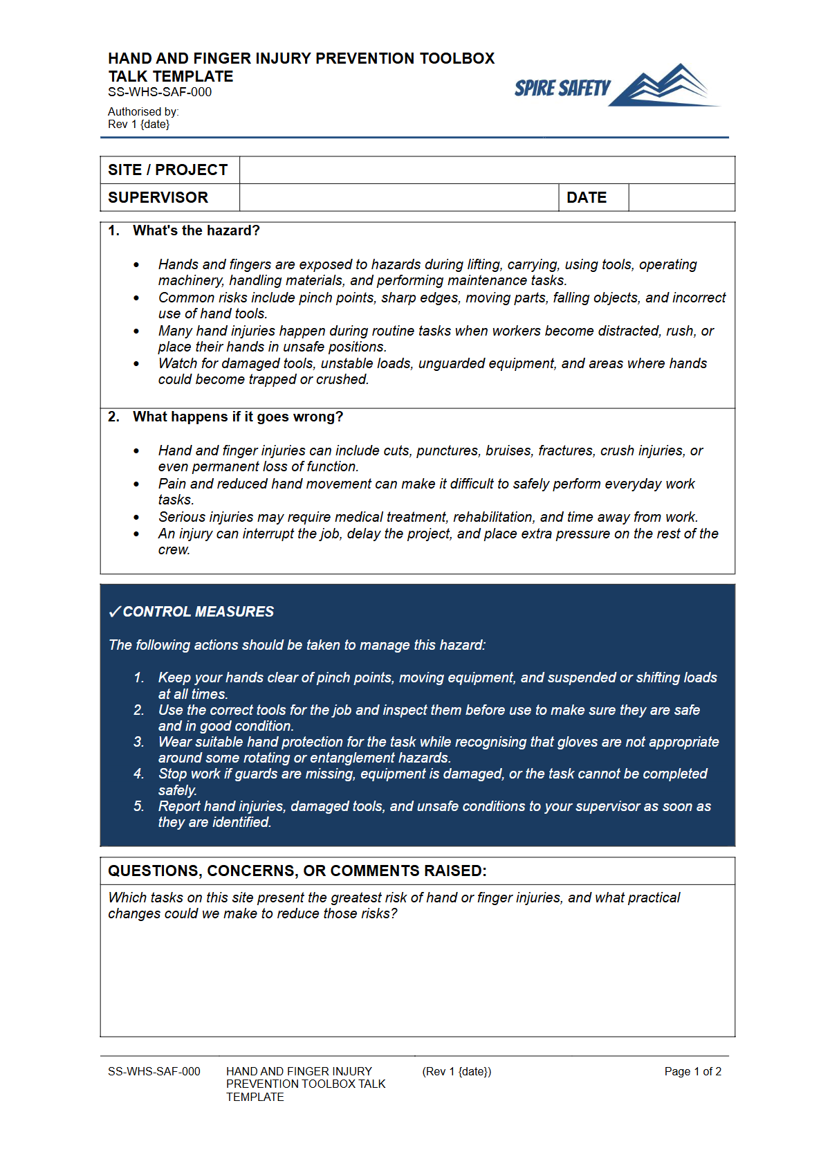 Preview of SS-WHS-SAF-000 Hand and Finger Injury Prevention Toolbox Talk Template