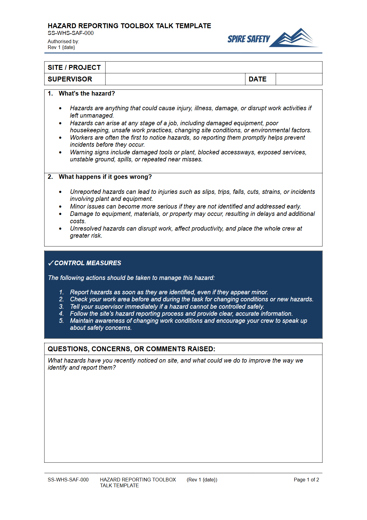 Preview of Hazard Reporting Toolbox Talk Template