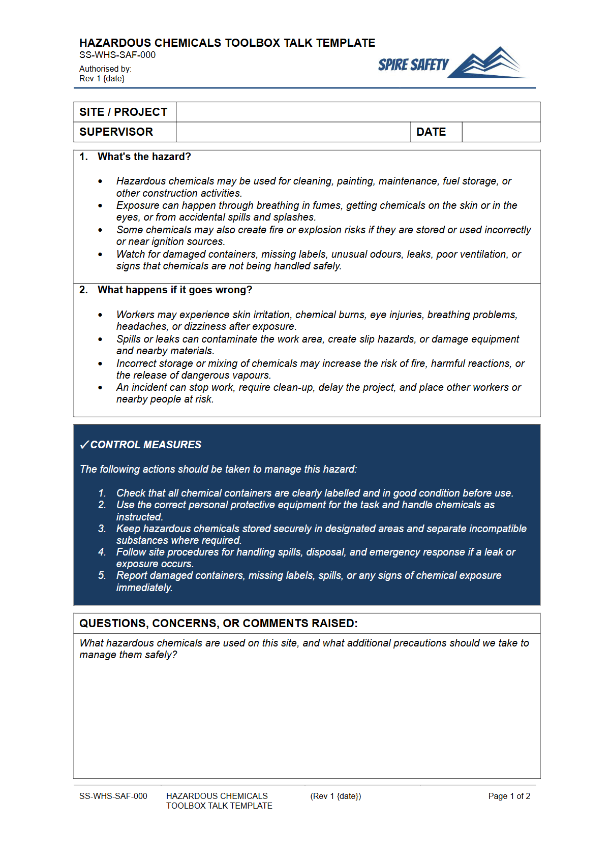 Preview of Hazardous Chemicals Toolbox Talk Template
