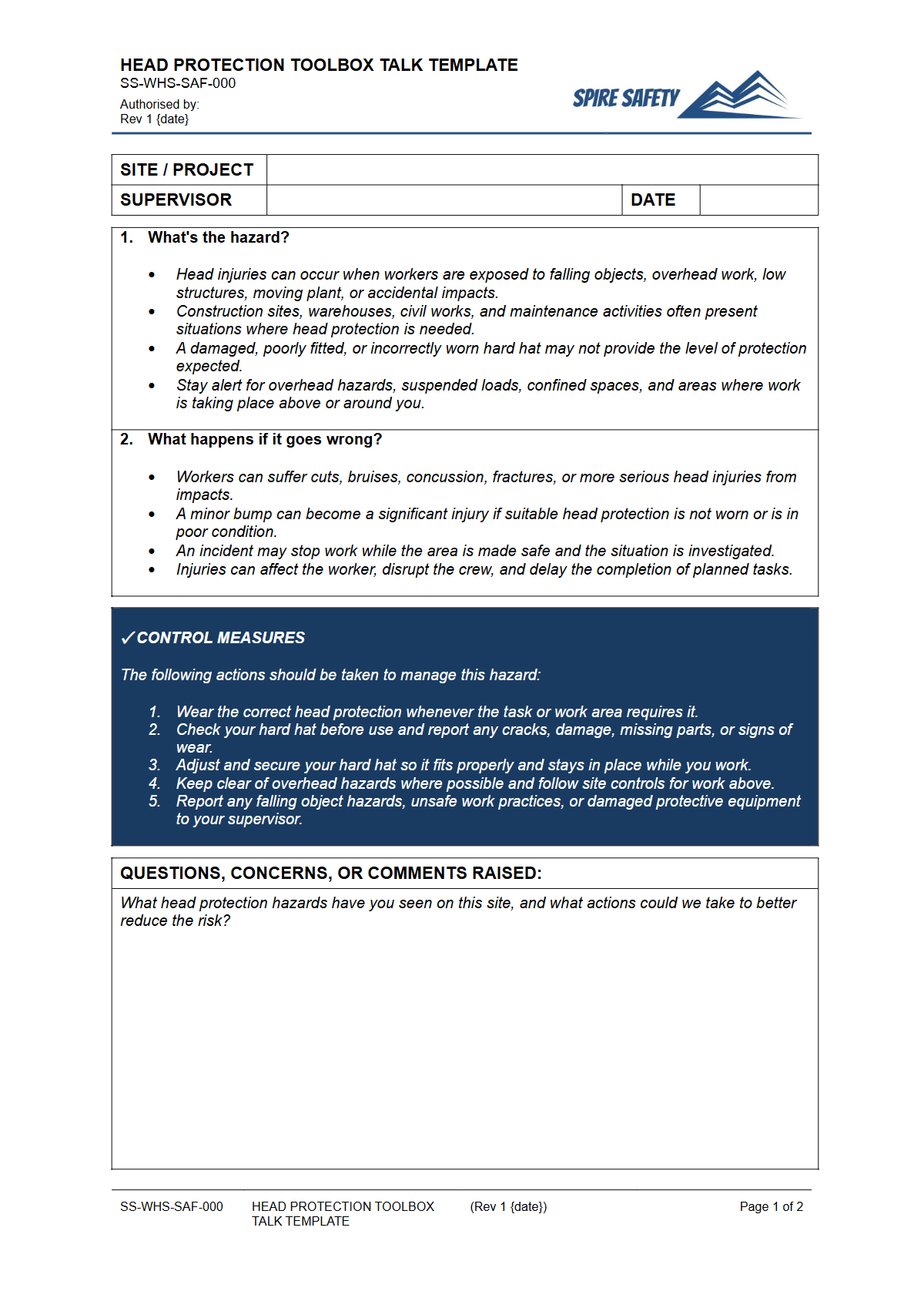 Preview of Head Protection Toolbox Talk Template