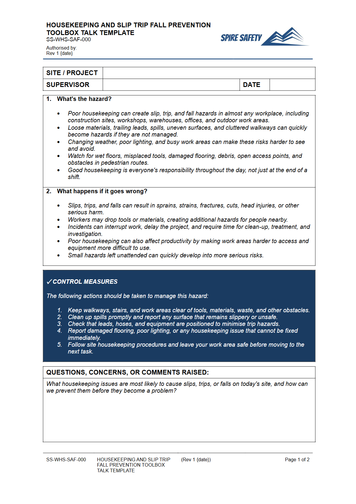Preview of Housekeeping Toolbox Talk Template